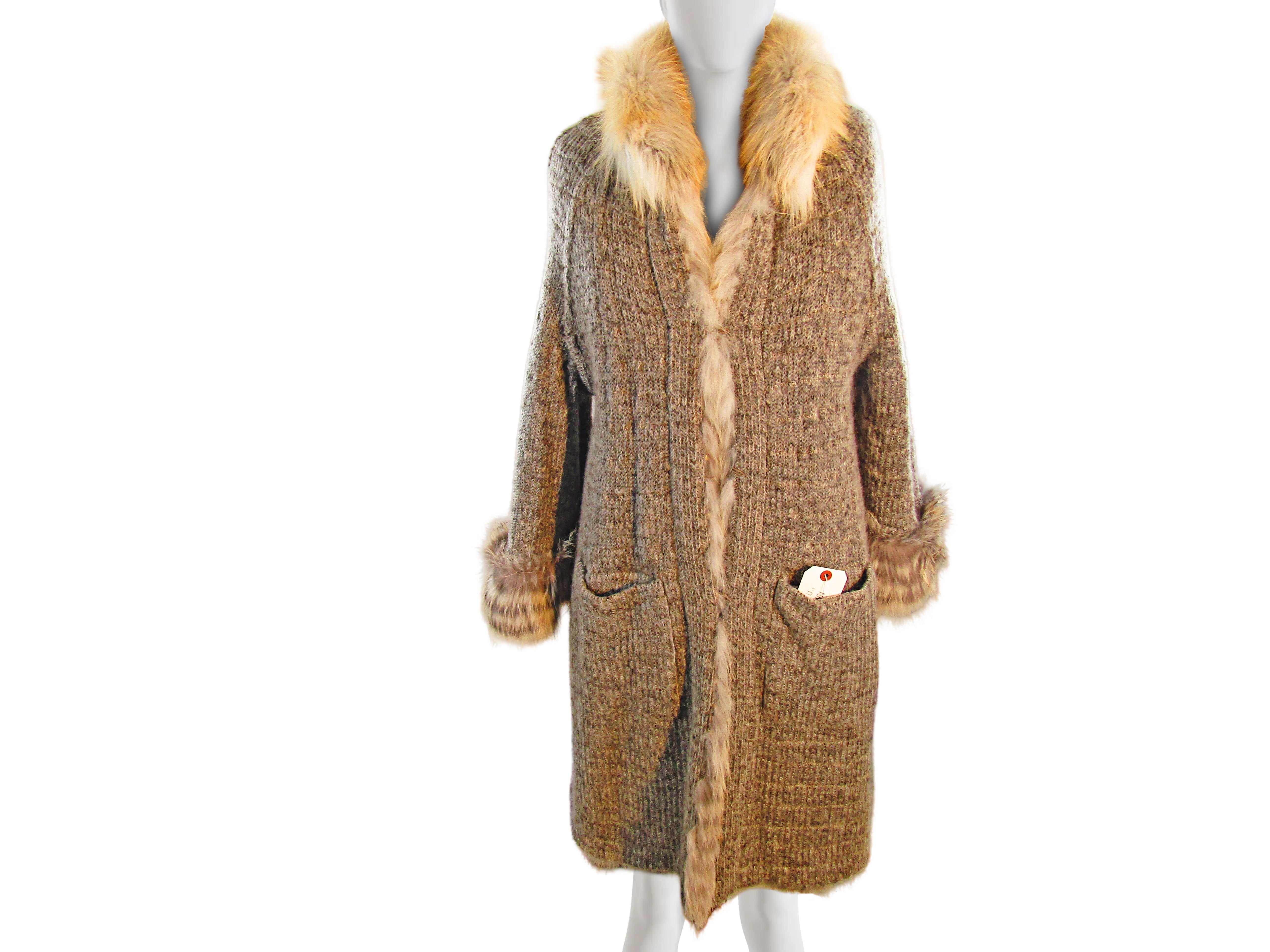 NATURAL GOLDEN ISLAND FOX FEATHERED 7/8 COAT W/ KNIT LINER & STAND UP COLLAR