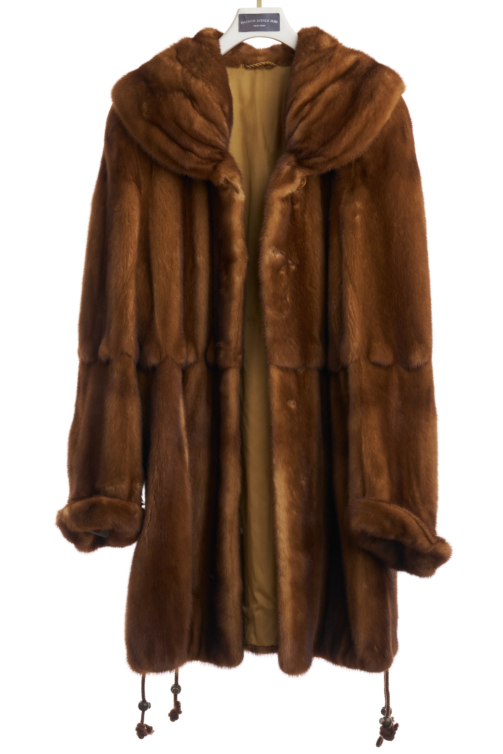 PRE-OWNED DYED COGNAC SKIN ON SKIN MINK 3/4 COAT W/ RUFFLED COLLAR & TURN BACK CUFFS