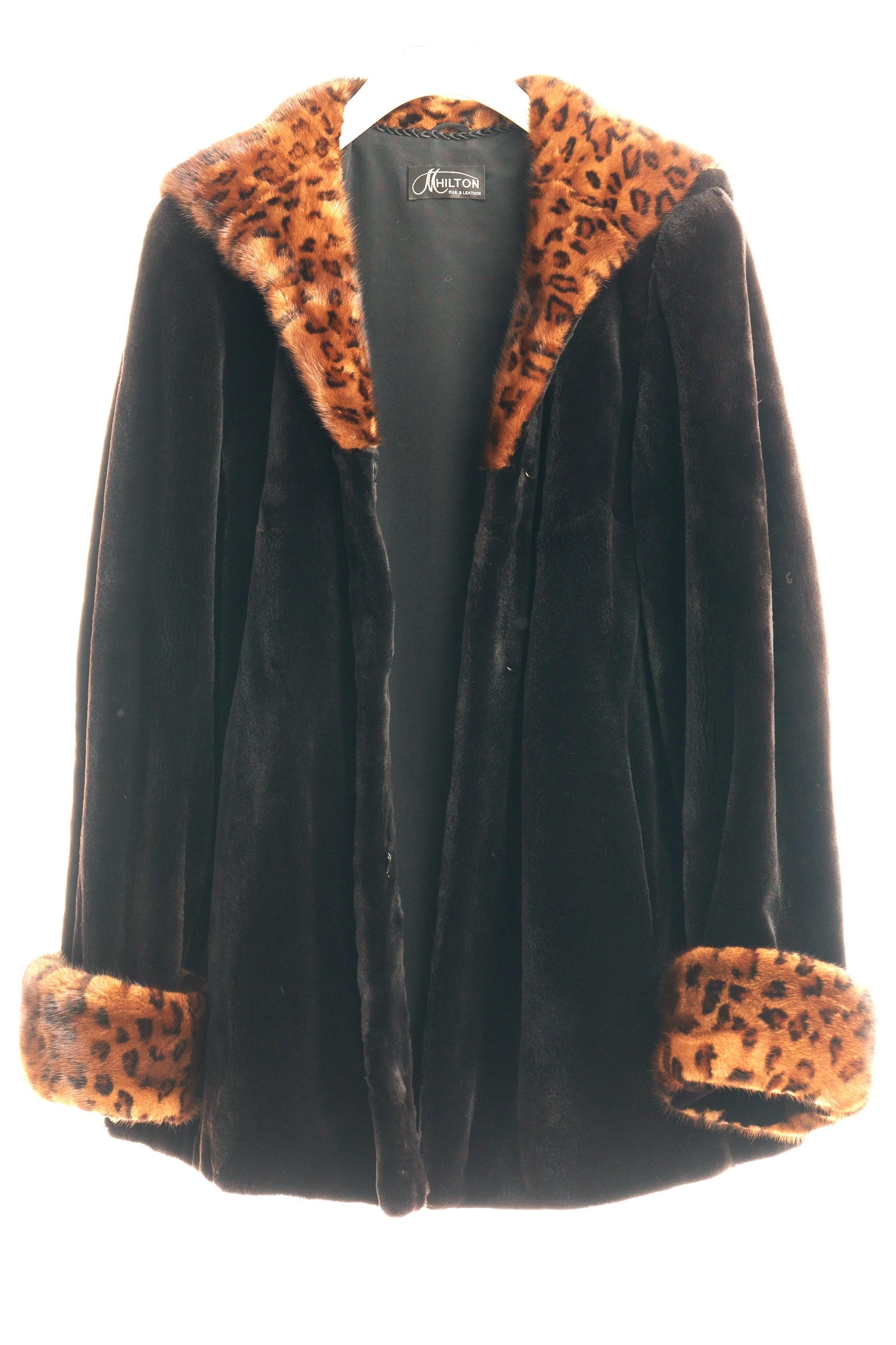 PRE-OWNED MATARA DYED SHEARED MINK JACKET W/ STENCILED LONG HAIR MINK HOOD & CUFFS