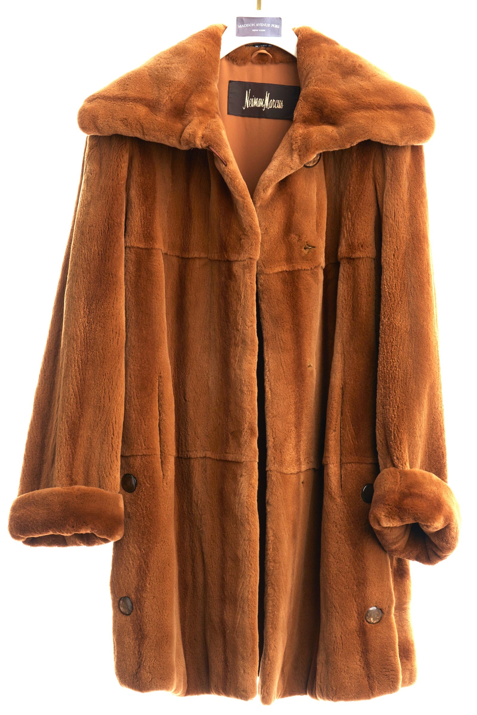 PRE-OWNED COGNAC DYED SHEARED MINK DIRECTIONAL 3/4 COAT W/ WING COLLAR & TURN BACK CUFFS DESIGNED FOR NEIMAN MARCUSBS