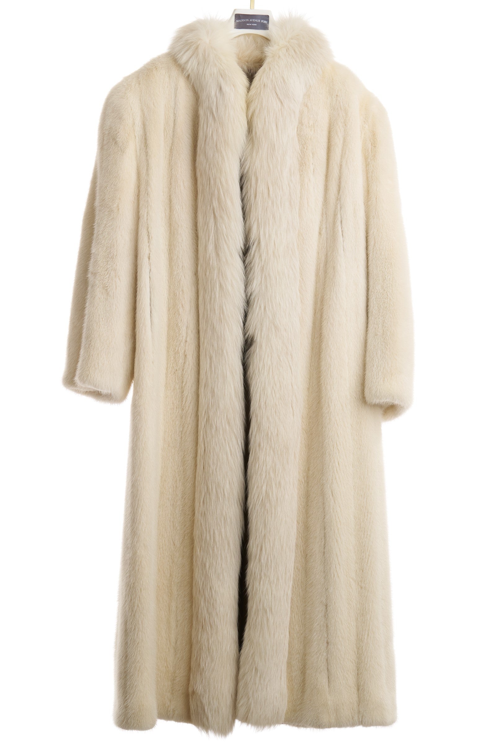 PRE-OWNED BLUSH DYED MINK COAT W/ BLUSH DYED FOX COLLAR & TUXEDO