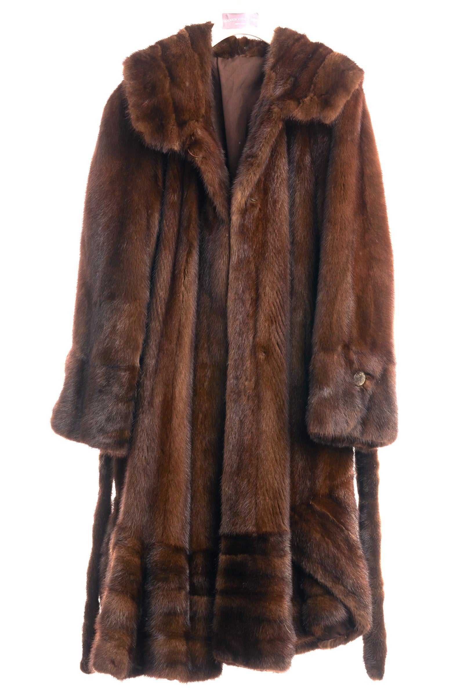 PRE-OWNED NATURAL MAHOGANY MINK 7/8 DIRECTIONAL SWING COAT W/ ATTACHED HOOD & MATCHING TIE BELT