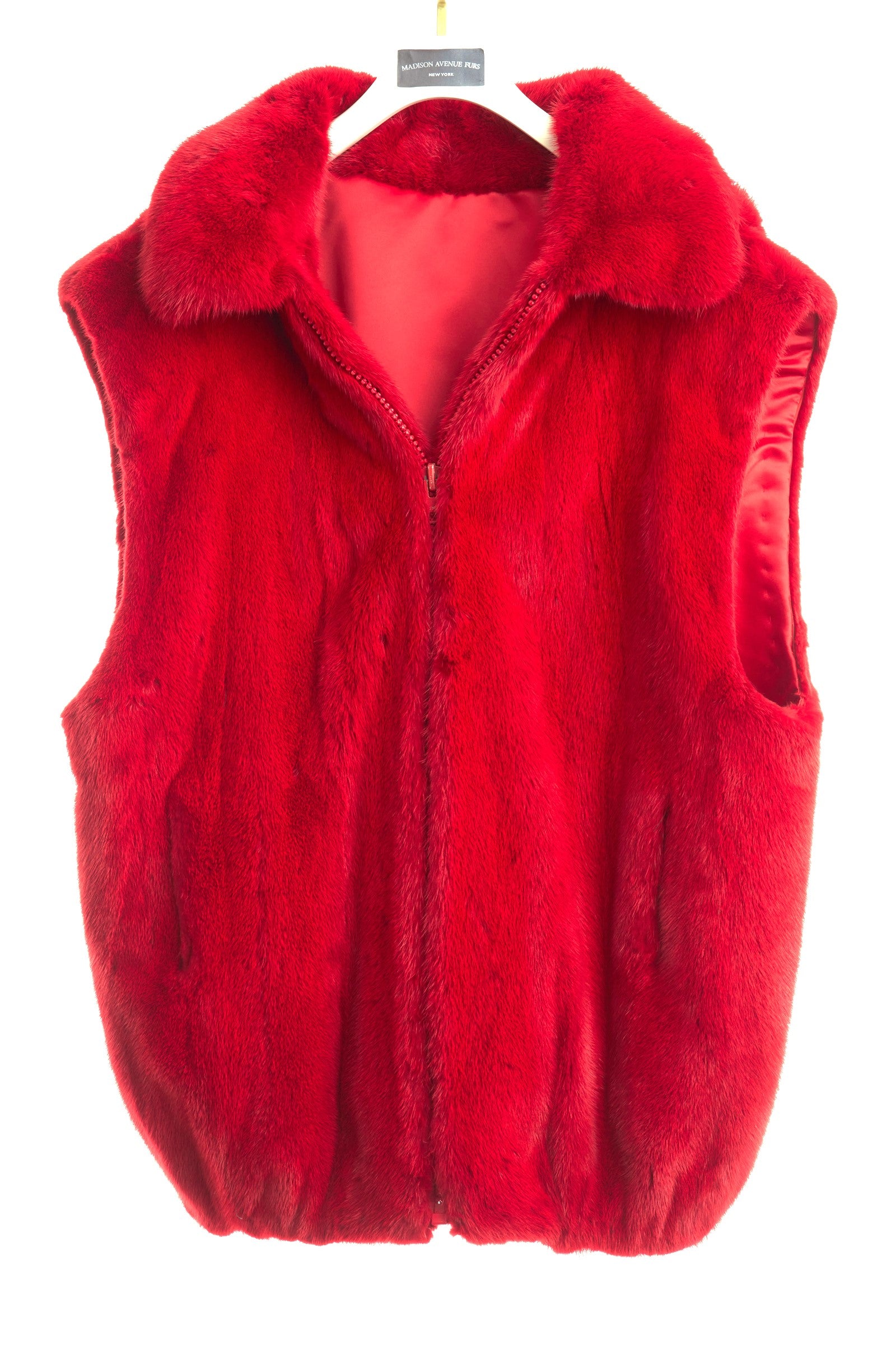 PRE-OWNED MEN'S /  UNISEX RED DYED MINK VEST W/ DETACHABLE HOOD