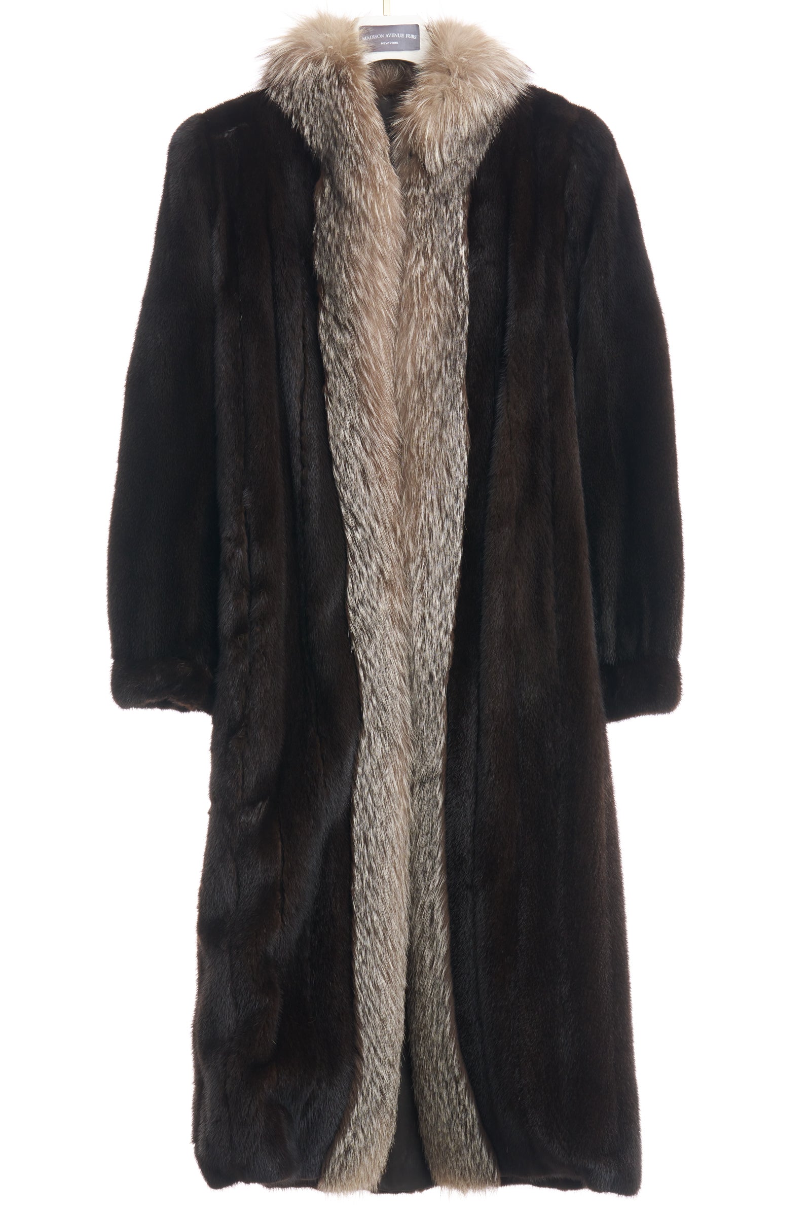 PRE-OWNED NATURAL RANCH MINK COAT W/ INDIGIO FOX TUXEDO