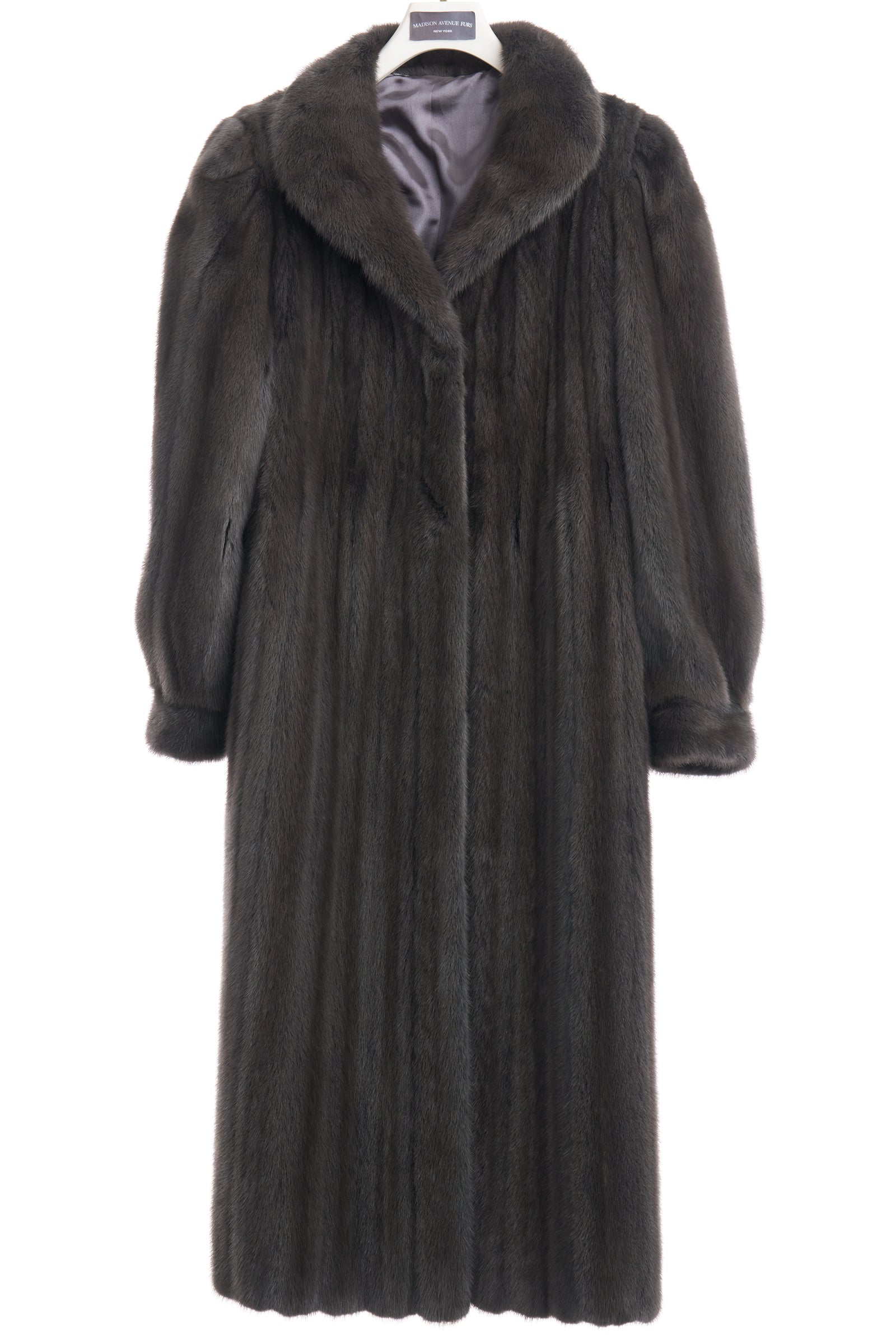 PRE-OWNED DYED GUNMETAL MINK COAT / WING COLLAR & BAND CUFFS