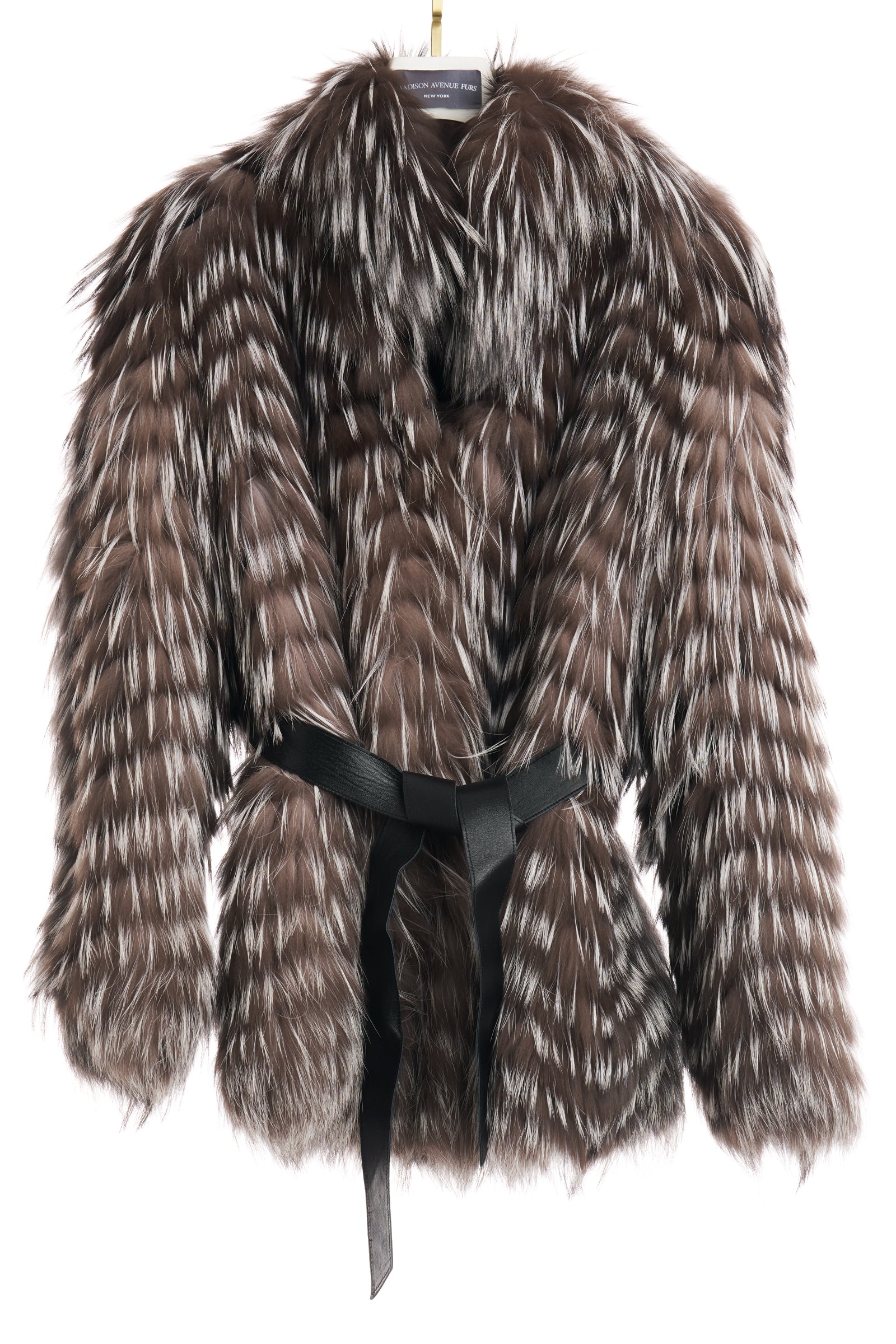 PRE-OWNED SILVER FOX FEATHERED JACKET W/ LEATHER WRAP BELT