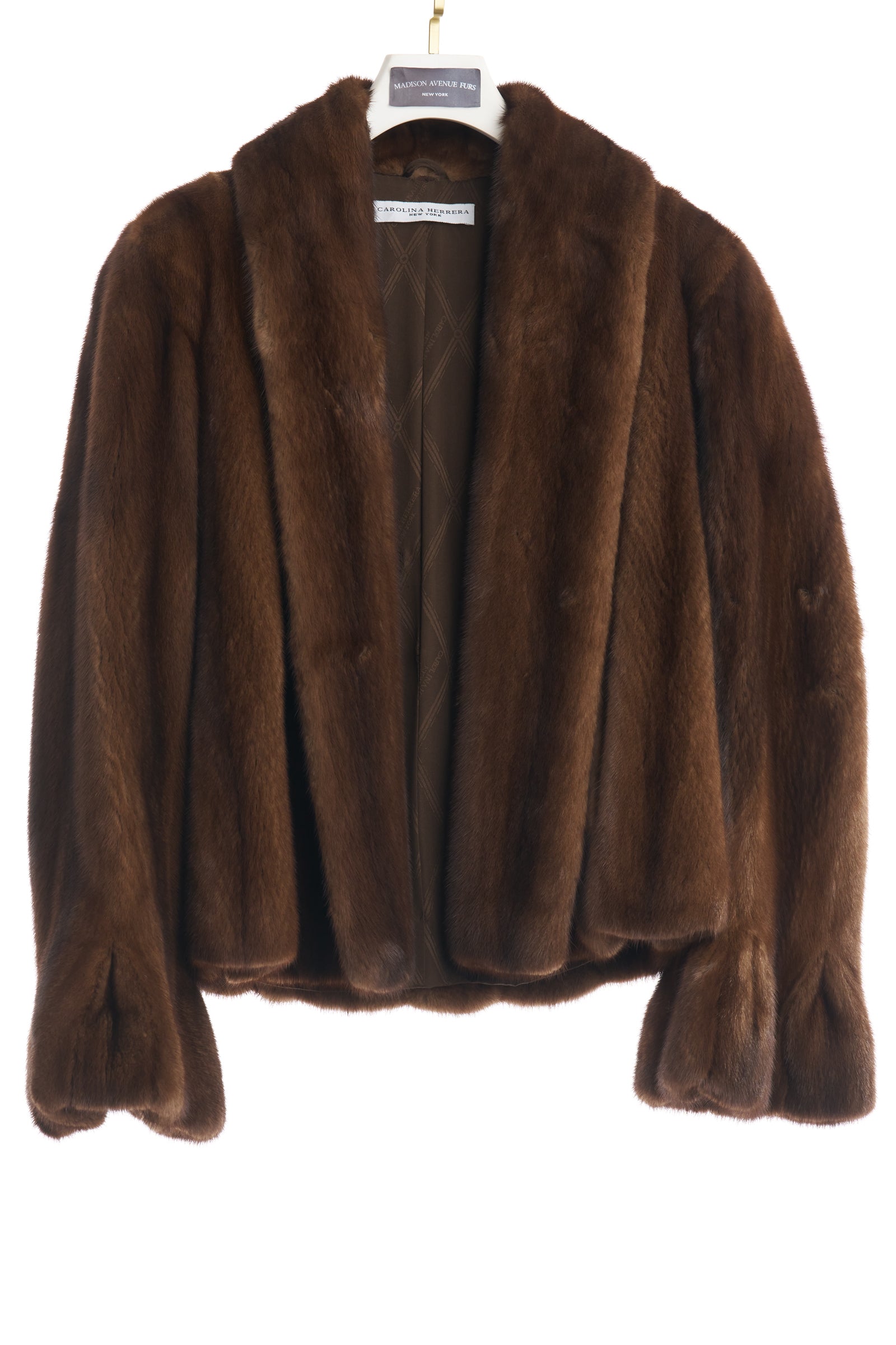 PRE-OWNED CAROLINA HERRERA NATURAL DEMI BUFF MINK JACKET /SHAWL COLLAR & BELL SLEEVES