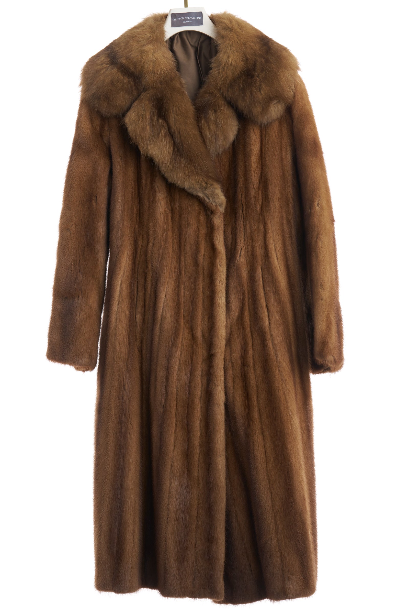 PRE-OWNED NATURAL DEMI BUFF MINK COAT W/ RUSSIAN SABLE NOTCH COLLAR