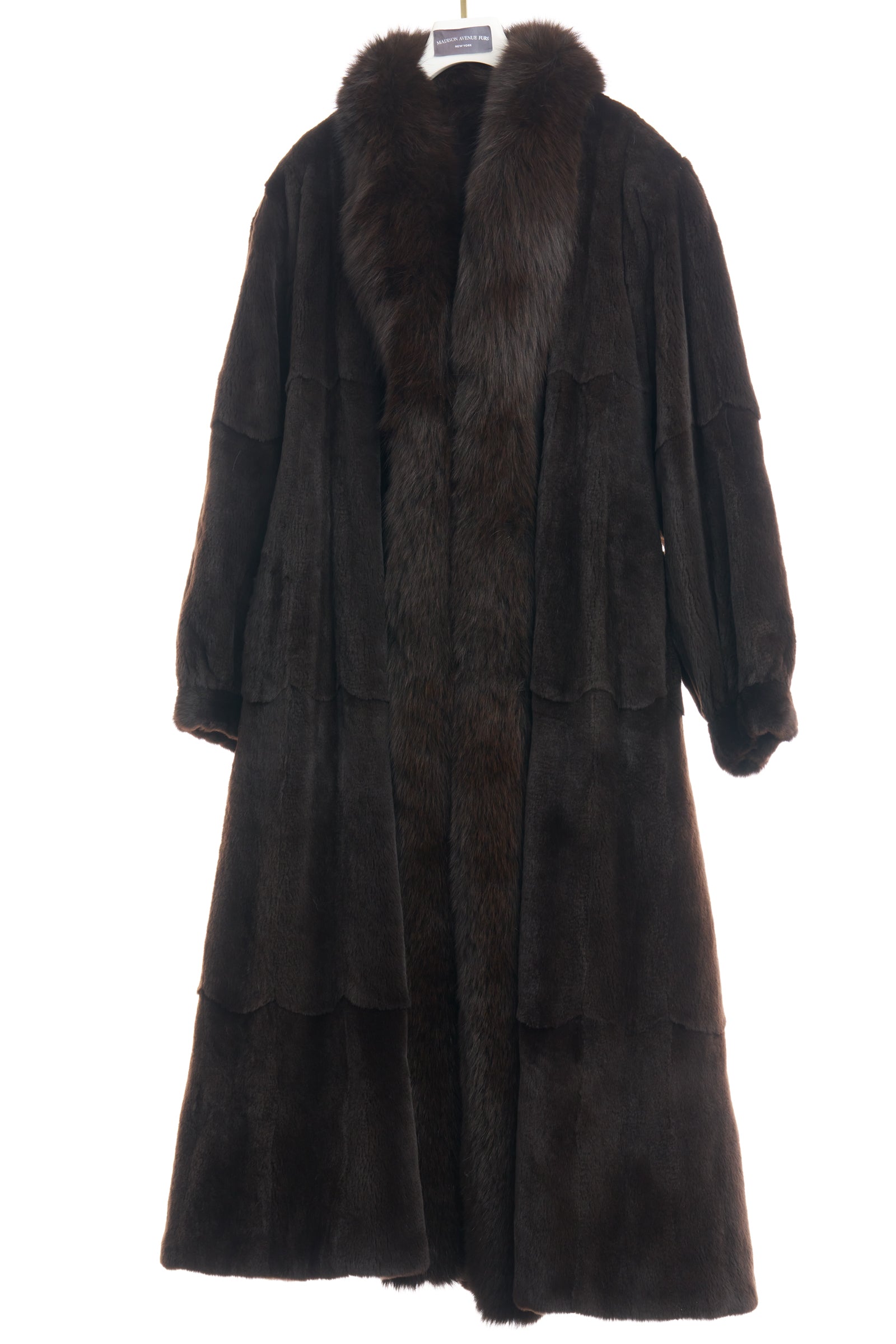 PRE-OWNED BROWN DYED SHEARED MINK REVERSIBLE TO LEATHER COAT W/ FOX TUXEDO