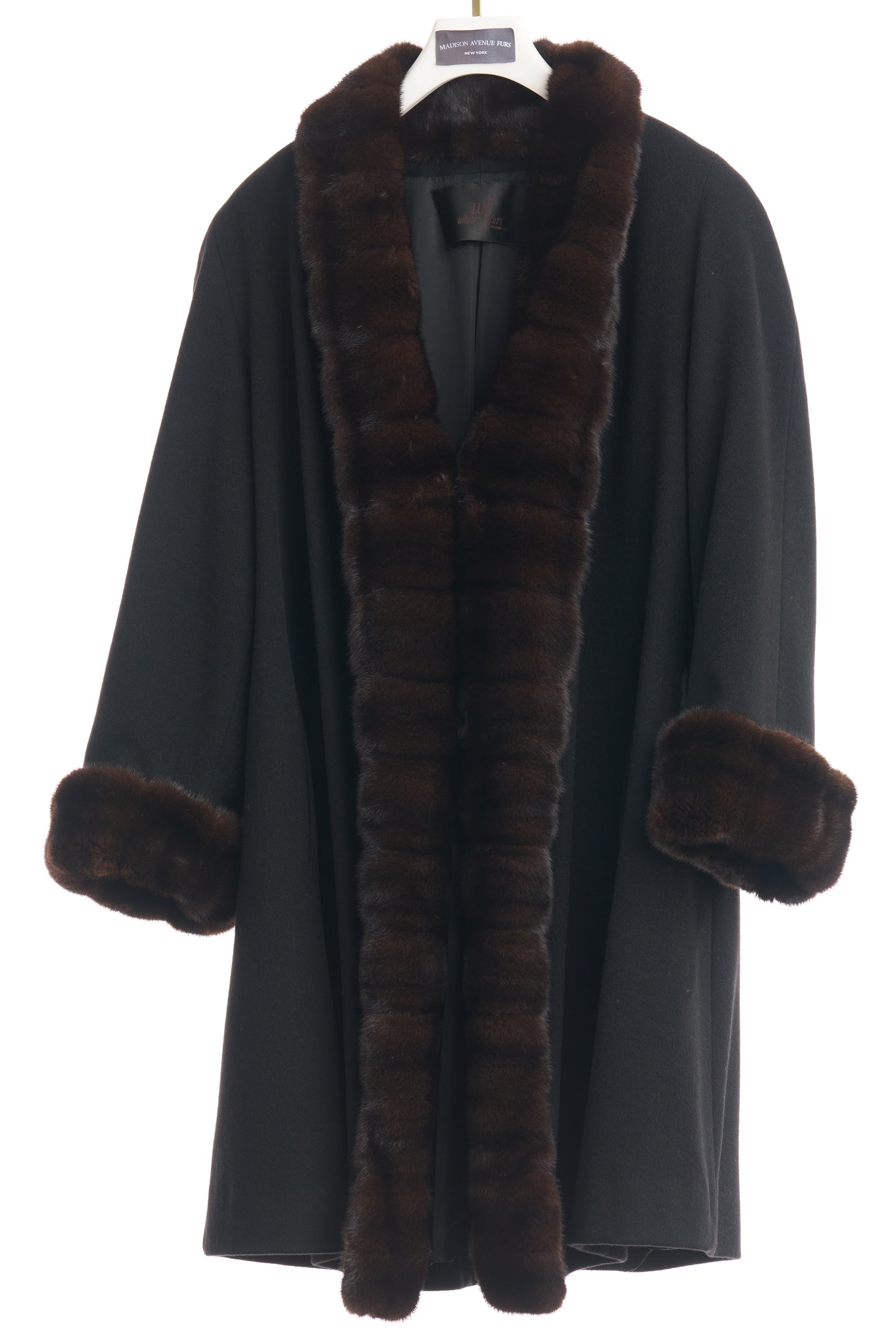 PRE-OWNED LORO PIANA BLACK CASHMERE 7/8 COAT W/ CROSS CUT MINK TUXEDO & CUFFS