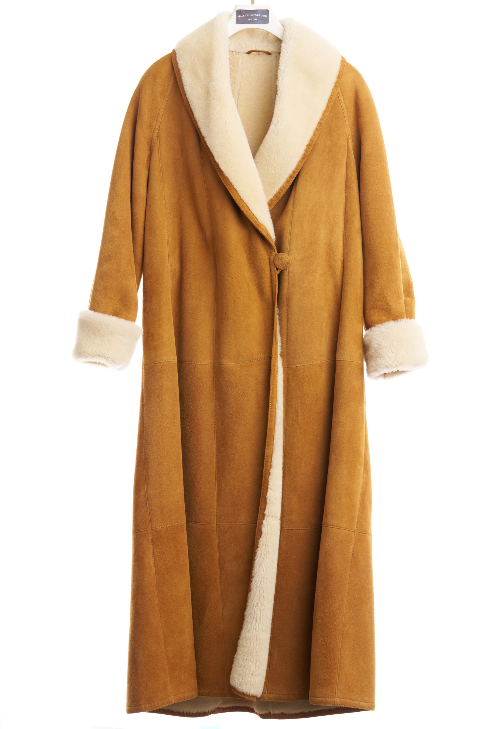 PRE-OWNED CAMEL SHEARLING COAT /SHAWL COLLAR & TURN BACK CUFFS