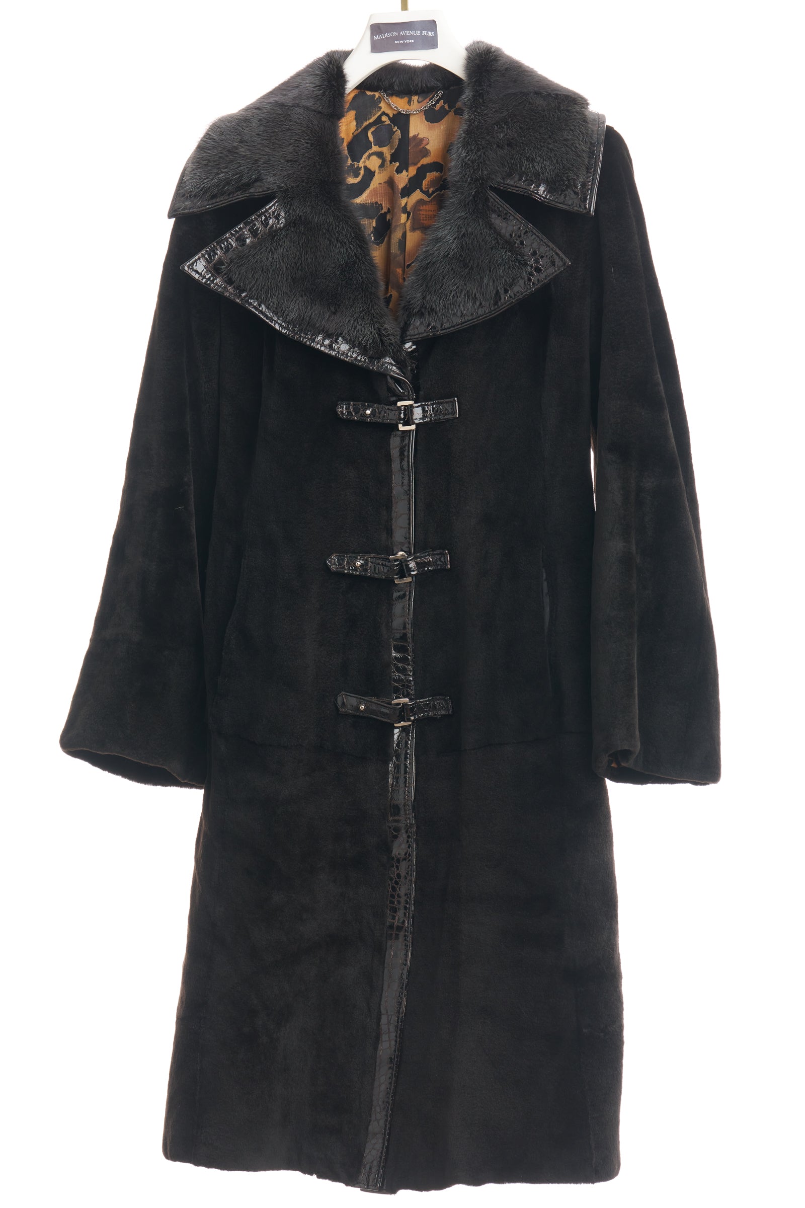 PRE-OWNED BLACK SHEARED MINK W/ DYED LONG HAIR COLLAR W/LEATHER TRIM