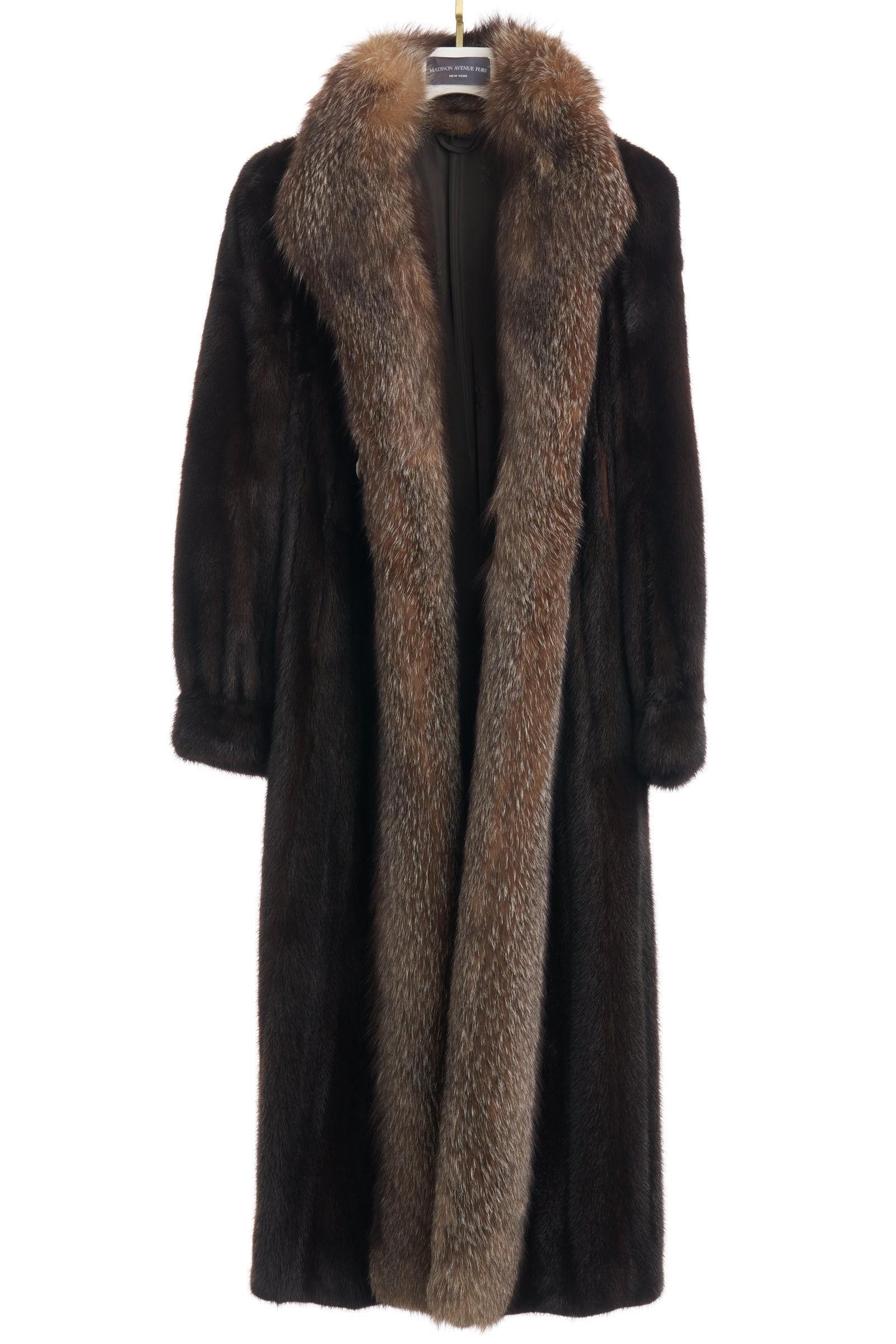 PRE-OWNED NATURAL MAHOGANY MINK COAT/BAND CUFFS / CRYSTAL FOX TUXEDO