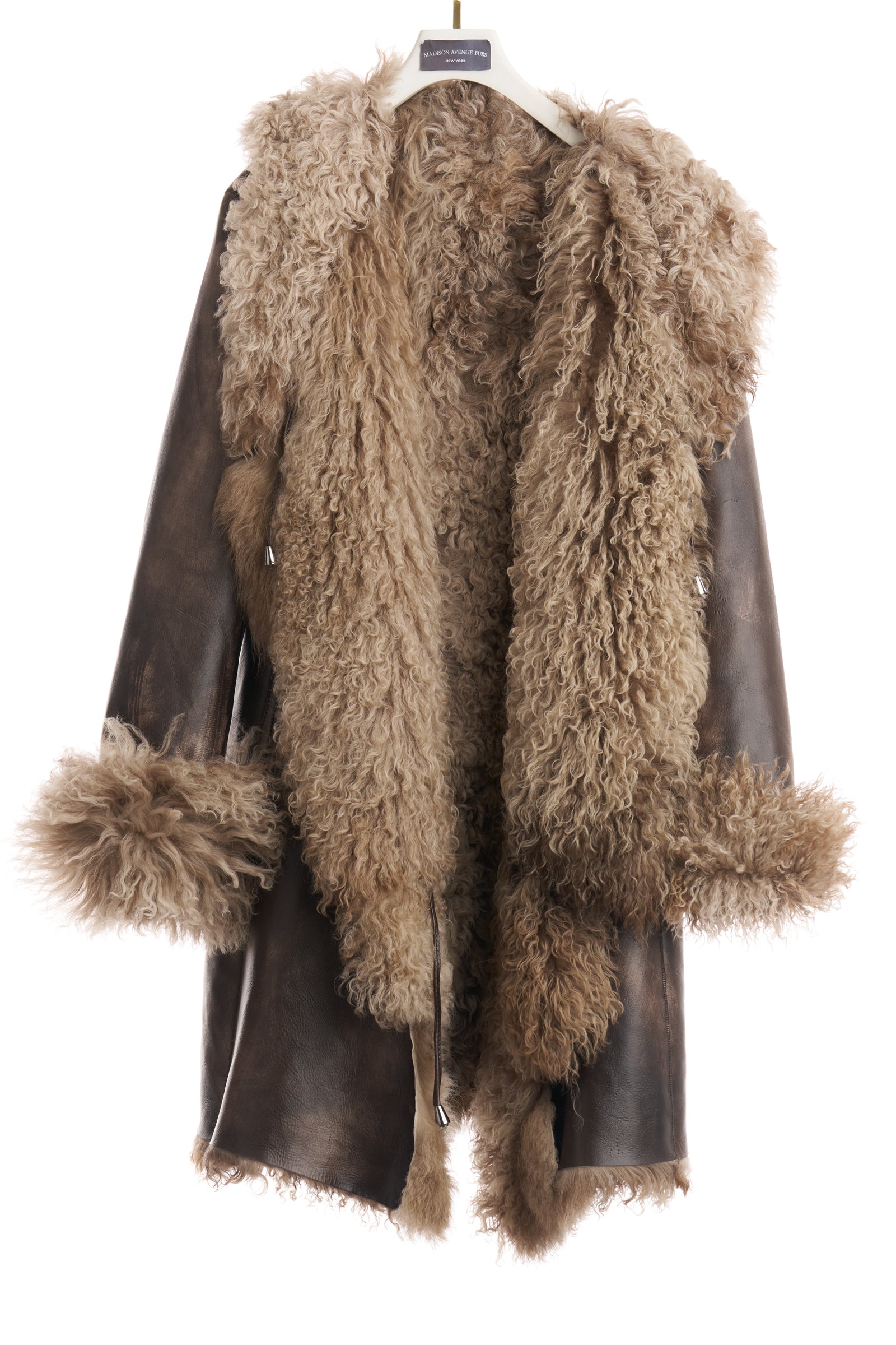RUSTIC BROWN LAMB SHORT COAT W/ LEATHER TIES