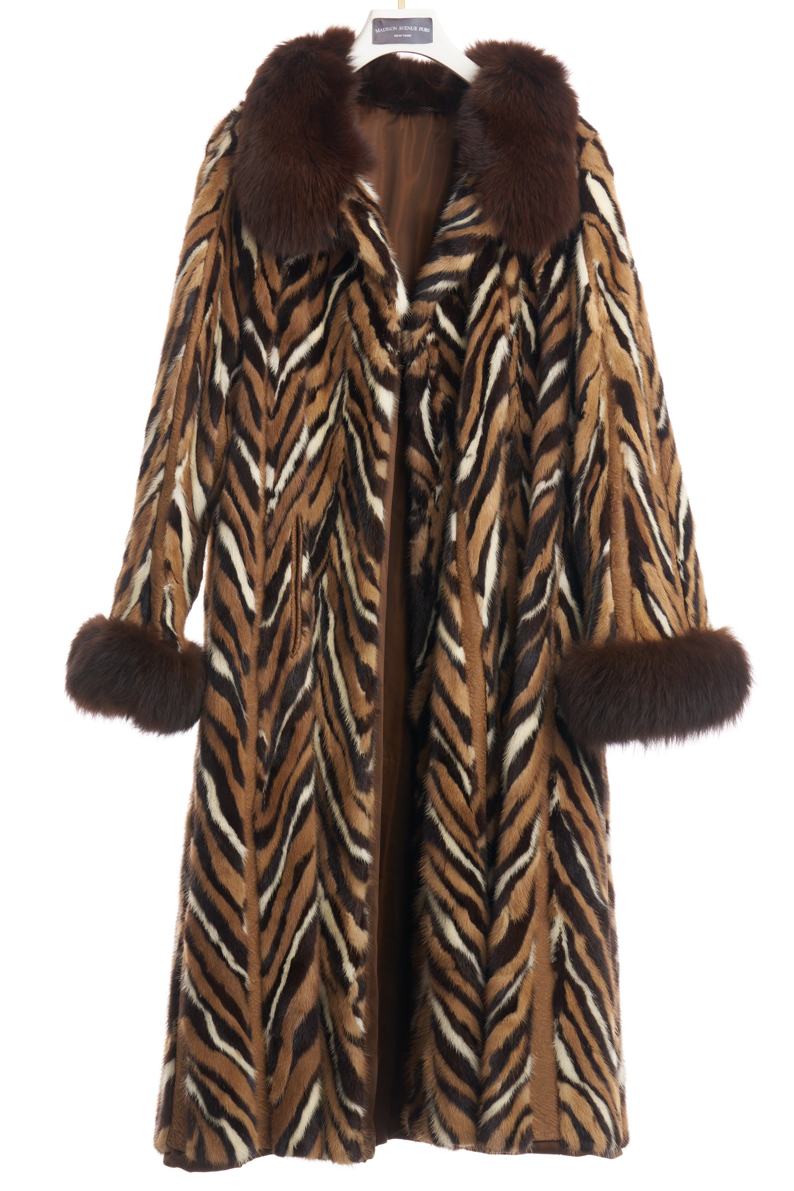 PRE-OWNED MULTI-COLOR MINK 7/8 COAT / LEATHER INSERTS / FOX COLLAR & CUFFS