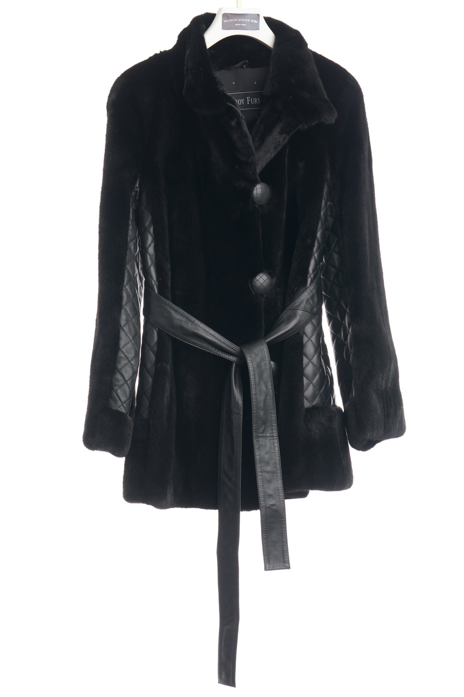 PRE-OWNED NATURAL RANCH MINK JACKET W/ QUILTED SIDE PANEL LEATHER INSERTS / NOTCH COLLAR & LEATHER WRAP BELT
