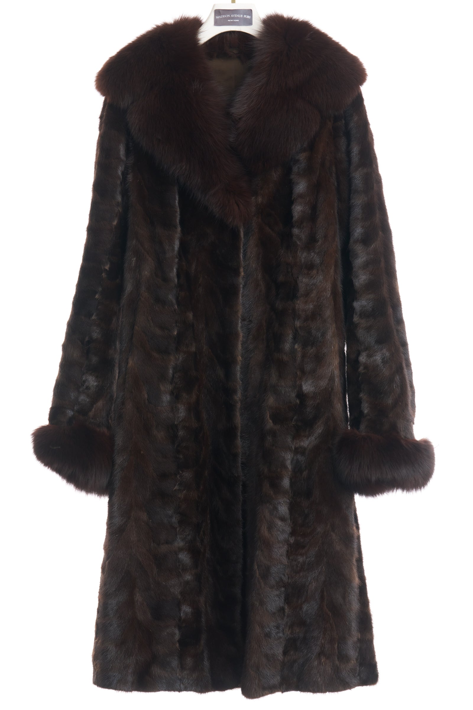 PRE-OWNED NATURAL RANCH MINK PAW 7/8 COAT W/ BROWN FOX COLLAR & CUFFS