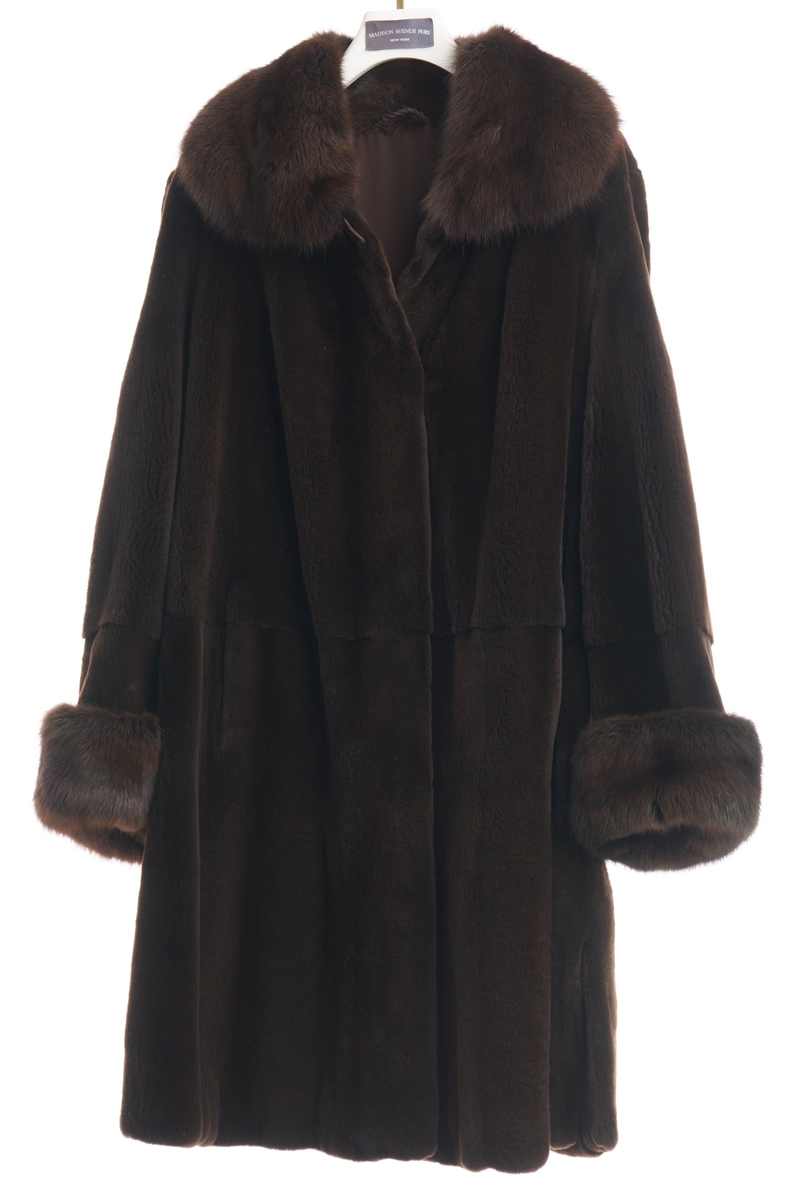 PRE-OWNED DYED BROWN SKIN ON  SKIN SHEARED MINK 3/4 JACKET W/ SABLE COLLAR & CUFFS