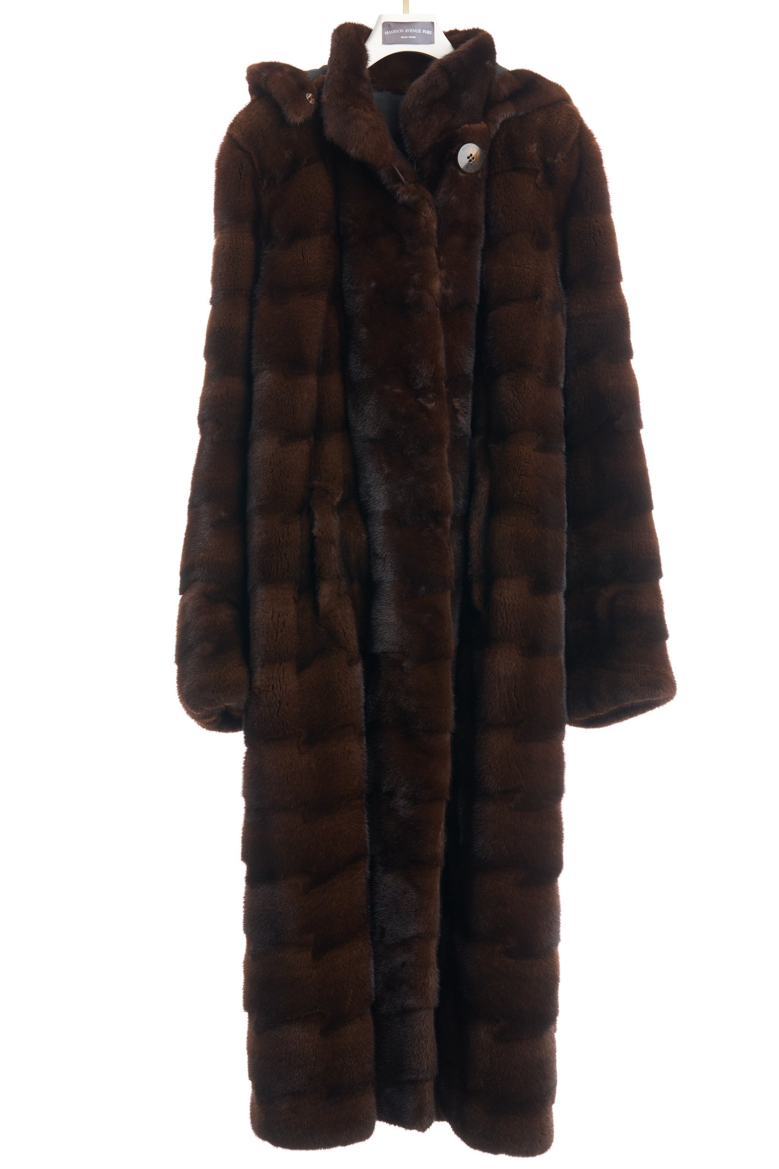 PRE-OWNED NATURAL MAHOGANY MINK HORIZONTAL COAT W/ DETACHABLE HOOD REVERSIBLE TO TAFFETA