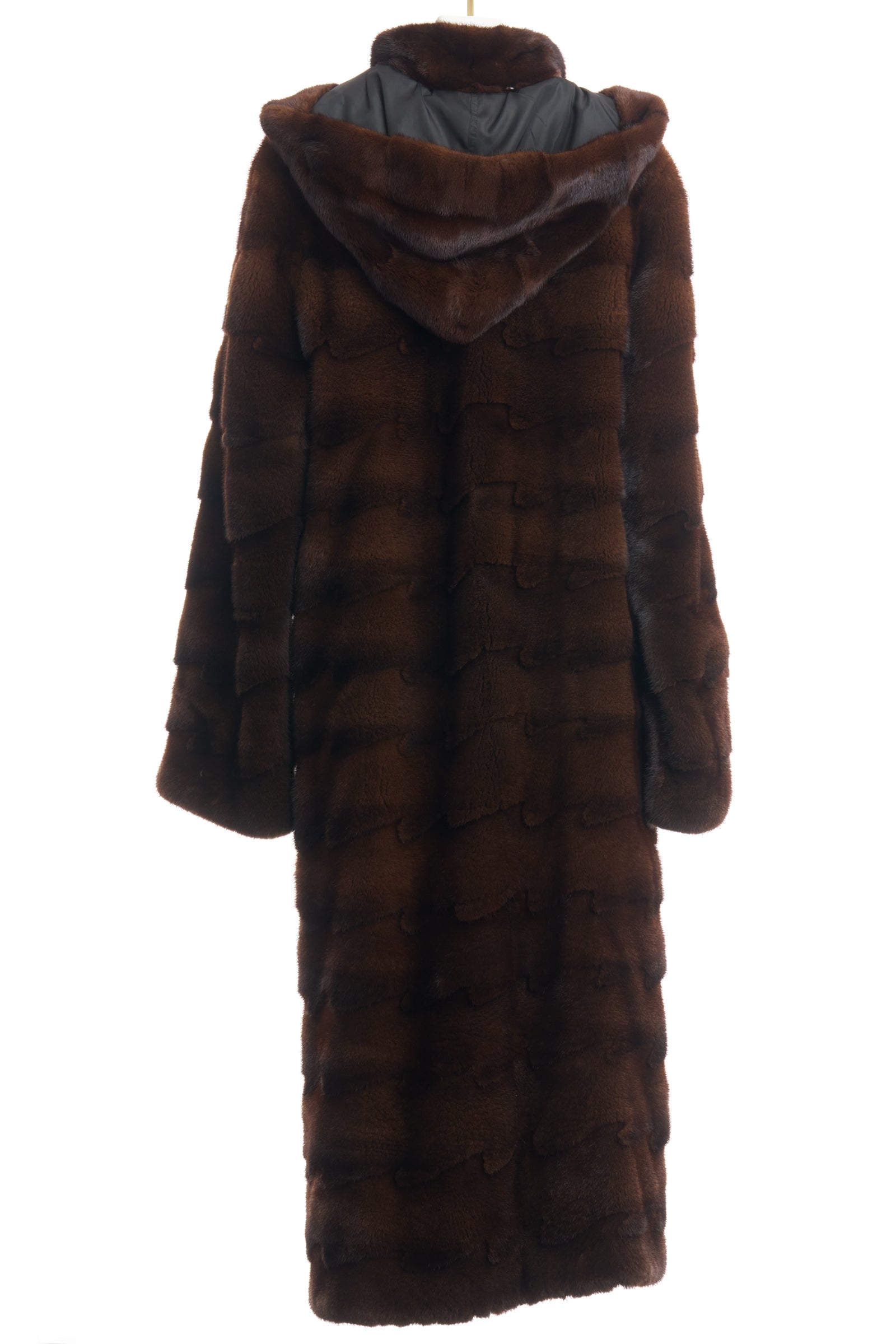 PRE-OWNED NATURAL MAHOGANY MINK HORIZONTAL COAT W/ DETACHABLE HOOD REVERSIBLE TO TAFFETA