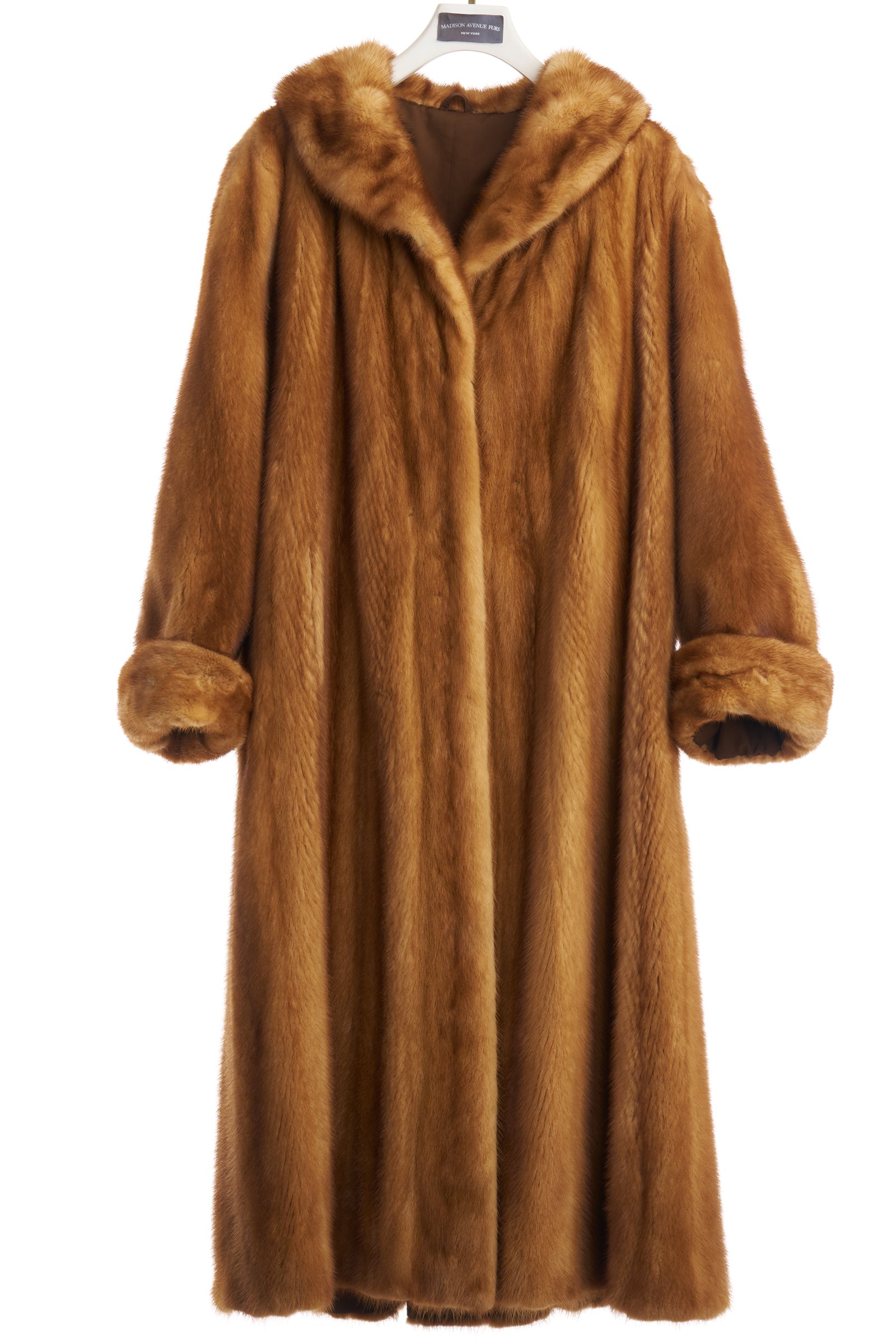 PRE-OWNED WHISKEY DYED MINK COAT W/ SHAWL COLLAR & TURN BACK CUFFS