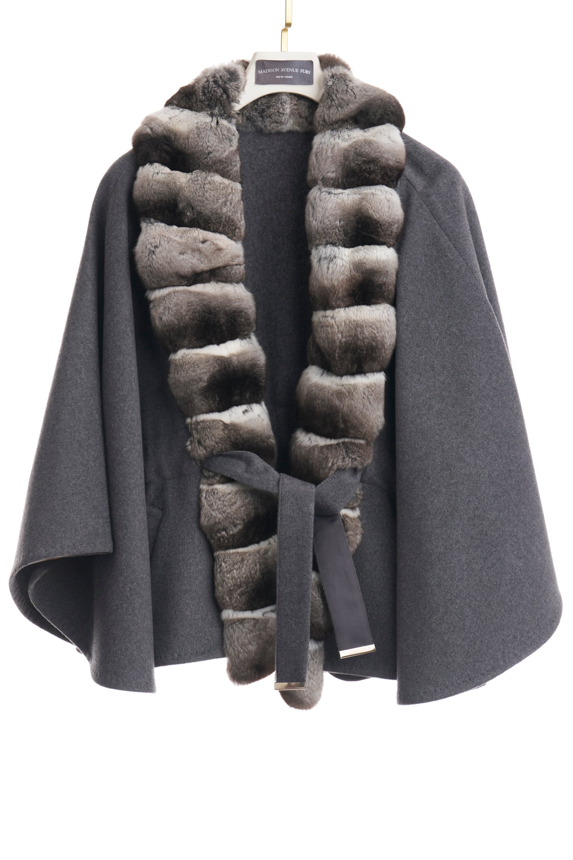 GREY CASHMERE CAPE W/ HORIZONTAL NATURAL CHINCHILLA TUXEDO W/ TIE BELT