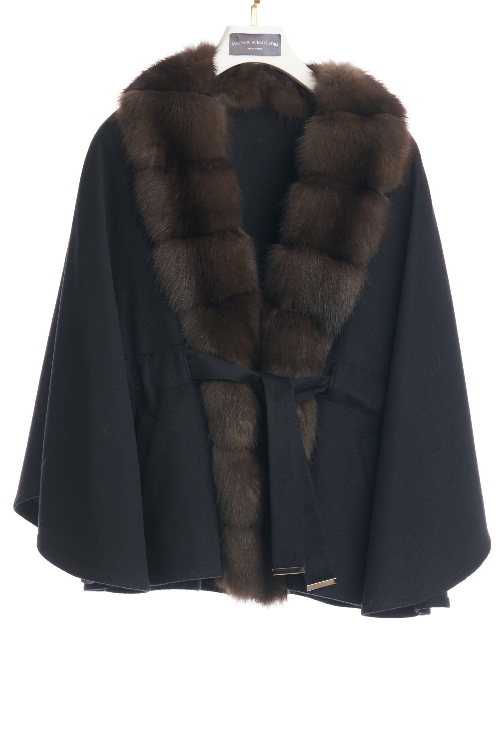 BLACK CASHMERE CAPE W/ HORIZONTAL RUSSIAN SABLE TUXEDO W/ TIE BELT