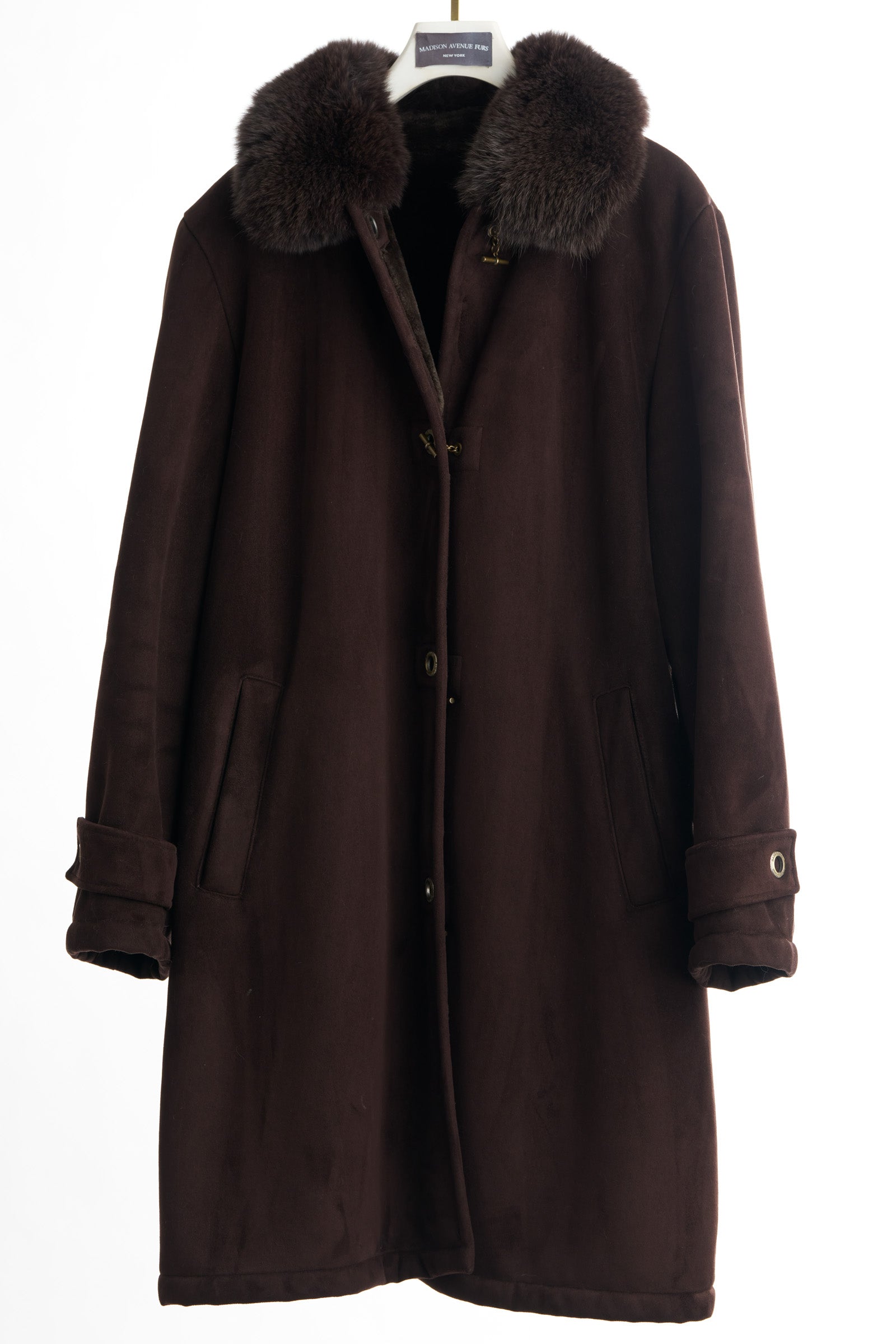 PRE-OWNED BROWN DYED SHEARLING COAT W/ BROWN FOX COLLAR