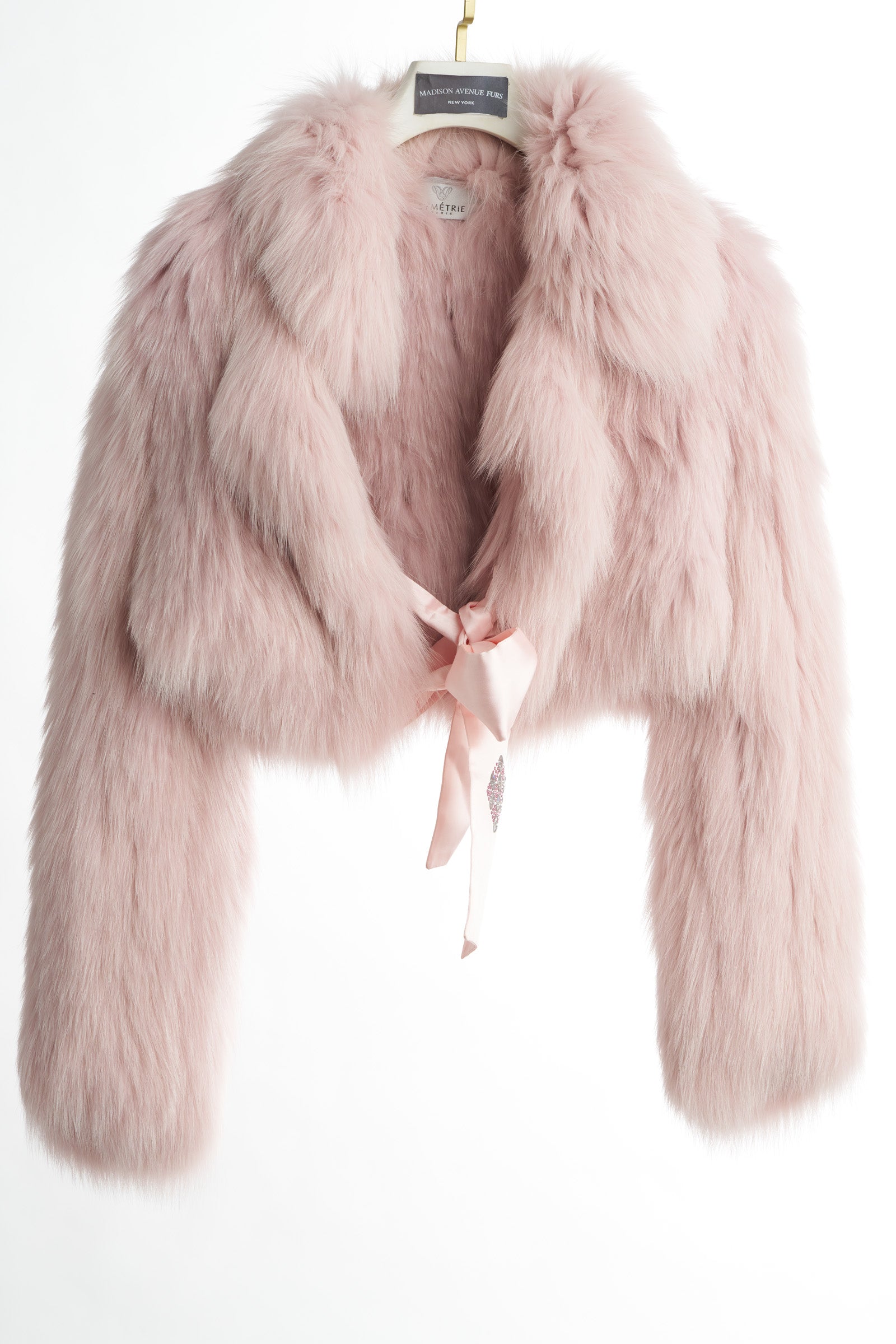 PRE-OWNED PINK DYED FEATHERED FOX BOLERO W/ SATIN TIES