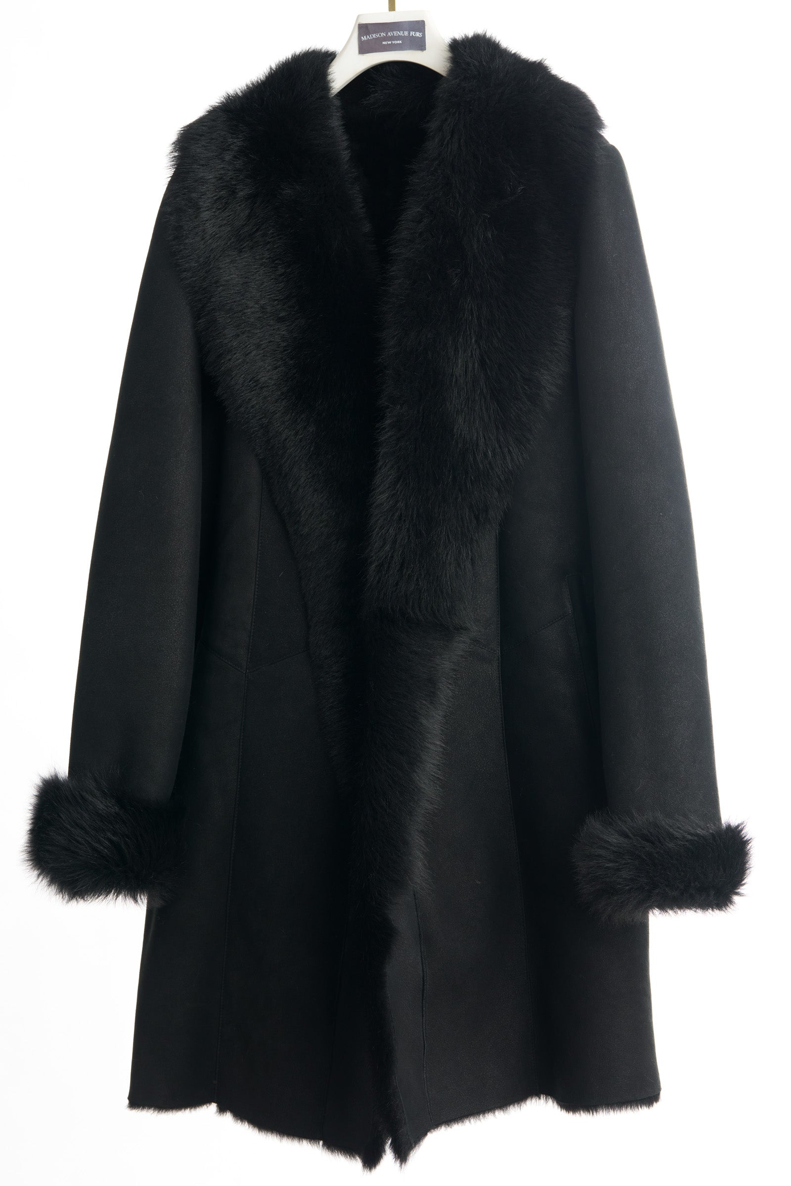 BLACK SHEARLING COAT W/ SHAWL COLLAR