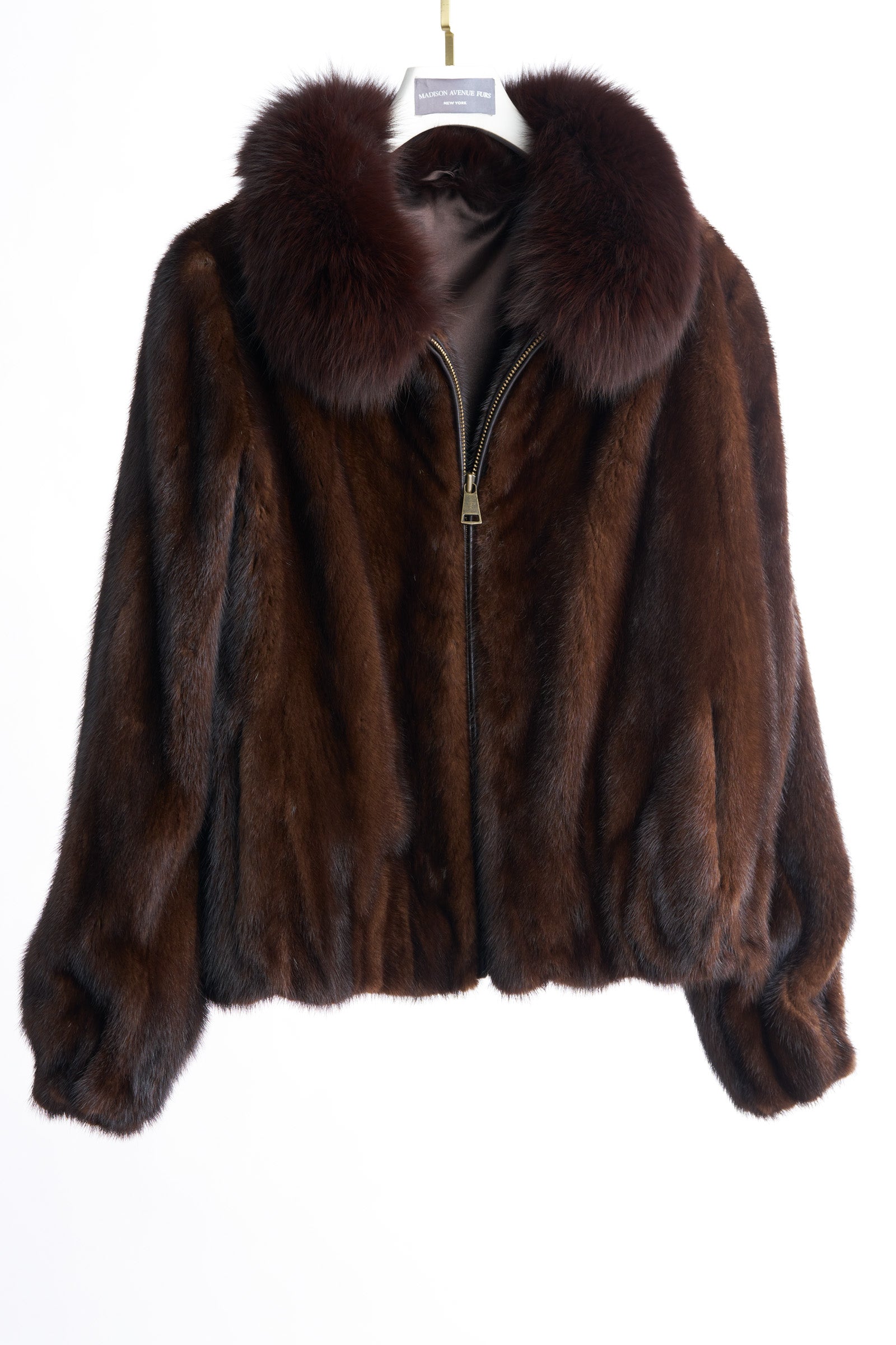 PRE-OWNED NATURAL MAHOGANY MINK BOMBER JACKET W/ FOX COLLAR