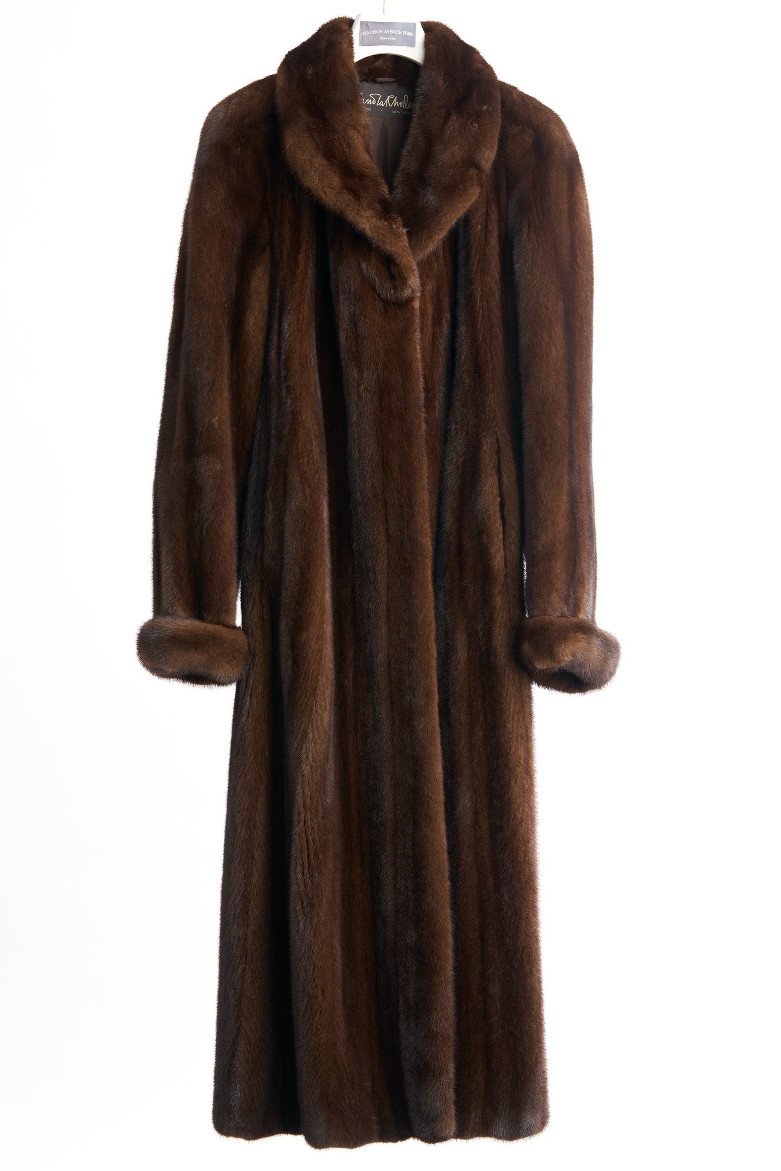 PRE-OWNED ZANDRA RHODES NATURAL MAHOGANY MINK COAT W/ WING COLLAR & TURN BACK CUFF
