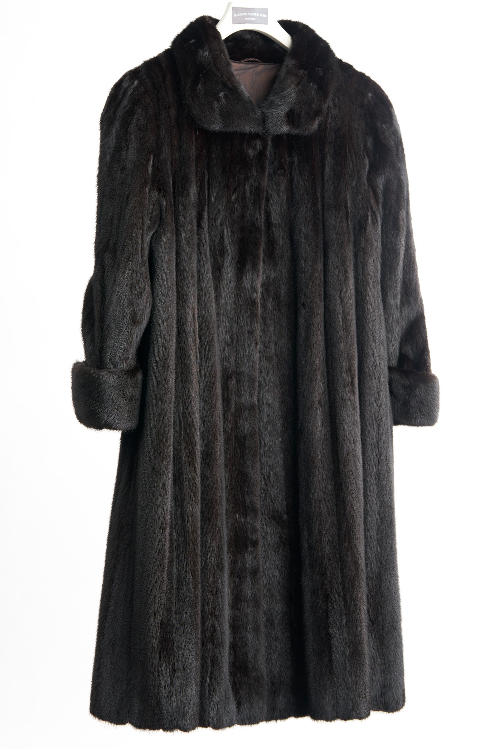 PRE-OWNED BLACK SWING MINK COAT W/ WING COLLAR & TURN BACK CUFFS