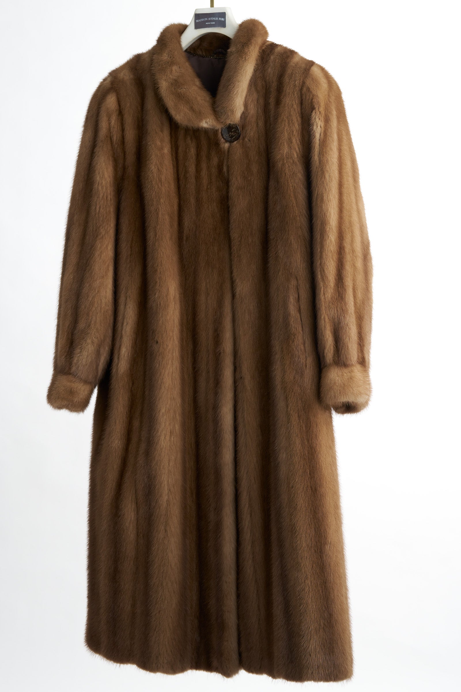 PRE-OWNED NATURAL DEMI BUFF MINK COAT W/ WING COLLAR & BANDED CUFFS