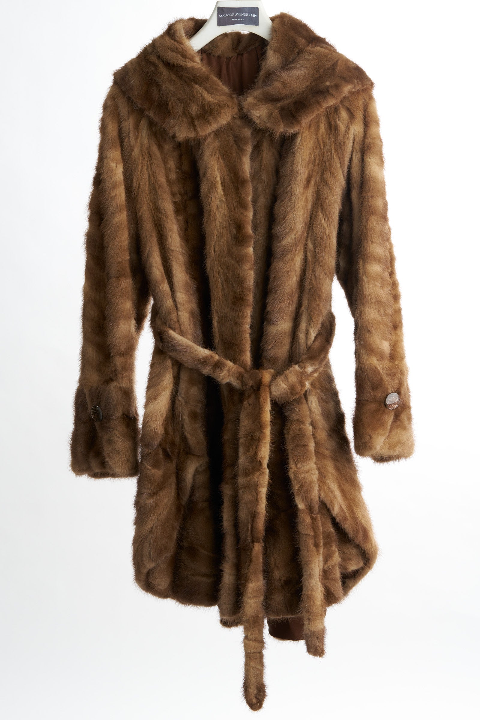 PRE-OWNED NATURAL DEMI BUFF MINK SECTION SWING W/HOOD & SASH BELT