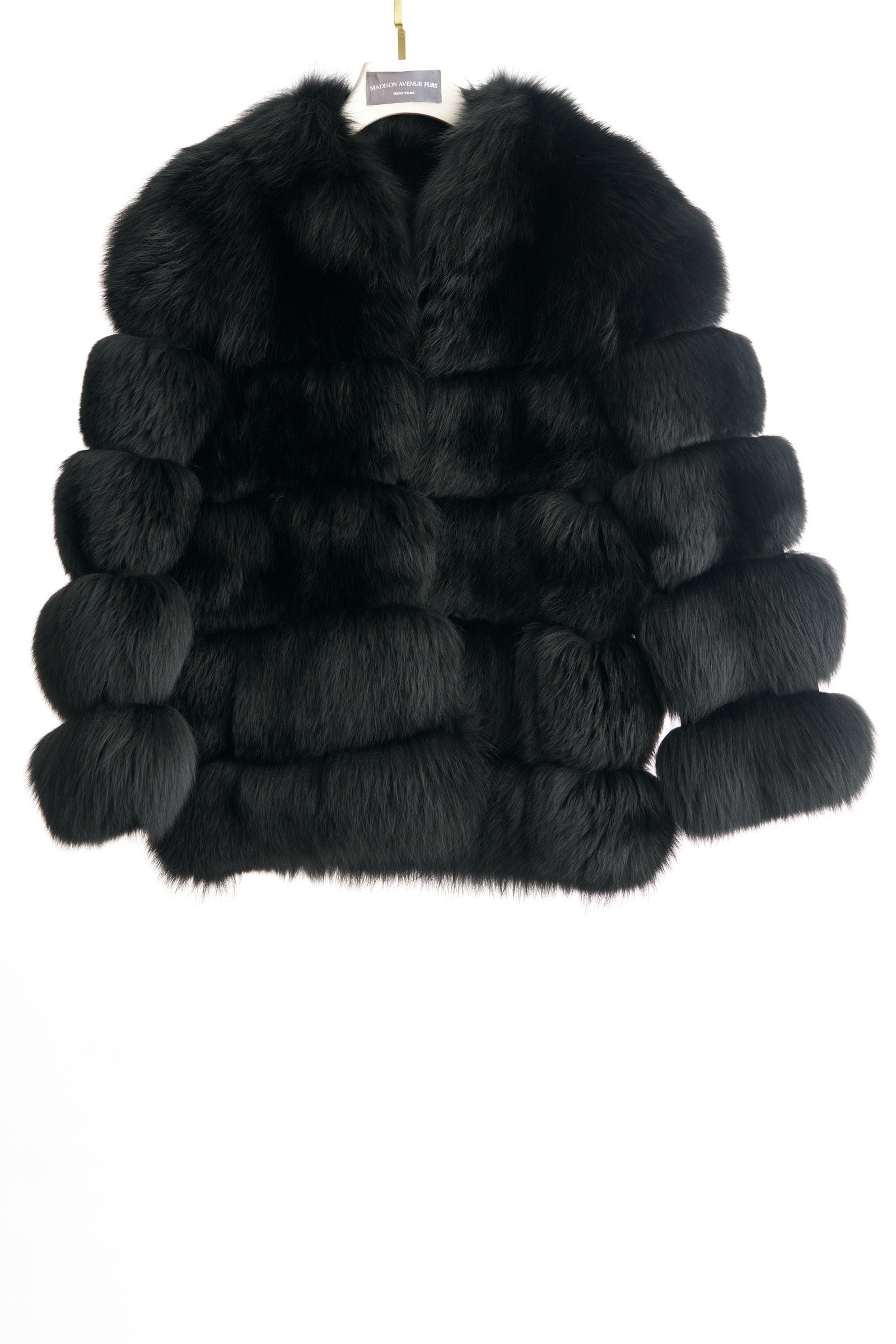 PRE-OWNED BLACK DYED HORIZONTAL FOX JACKET W/ STAND COLLAR