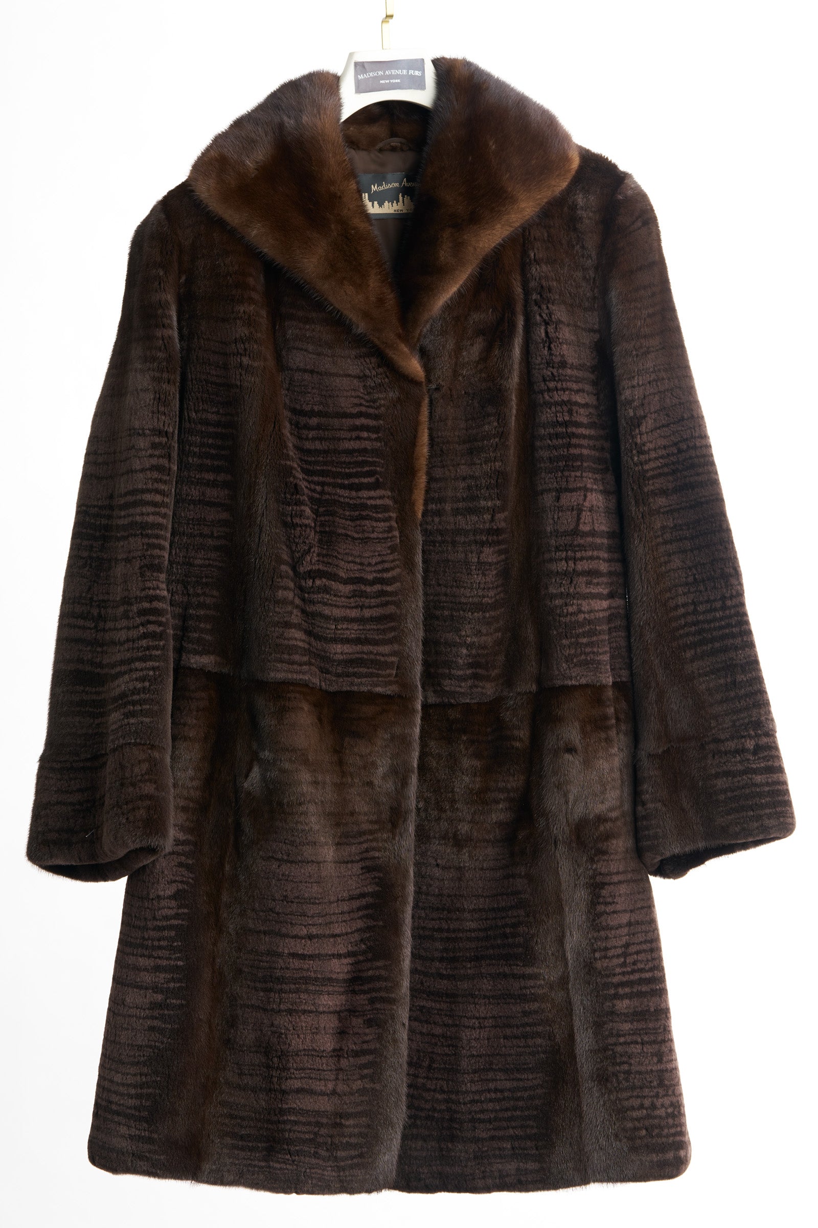 PRE-OWNED BROWN DYED SEMI SHEARED MINK W/ LONG HAIR MINK SHAWL COLLAR