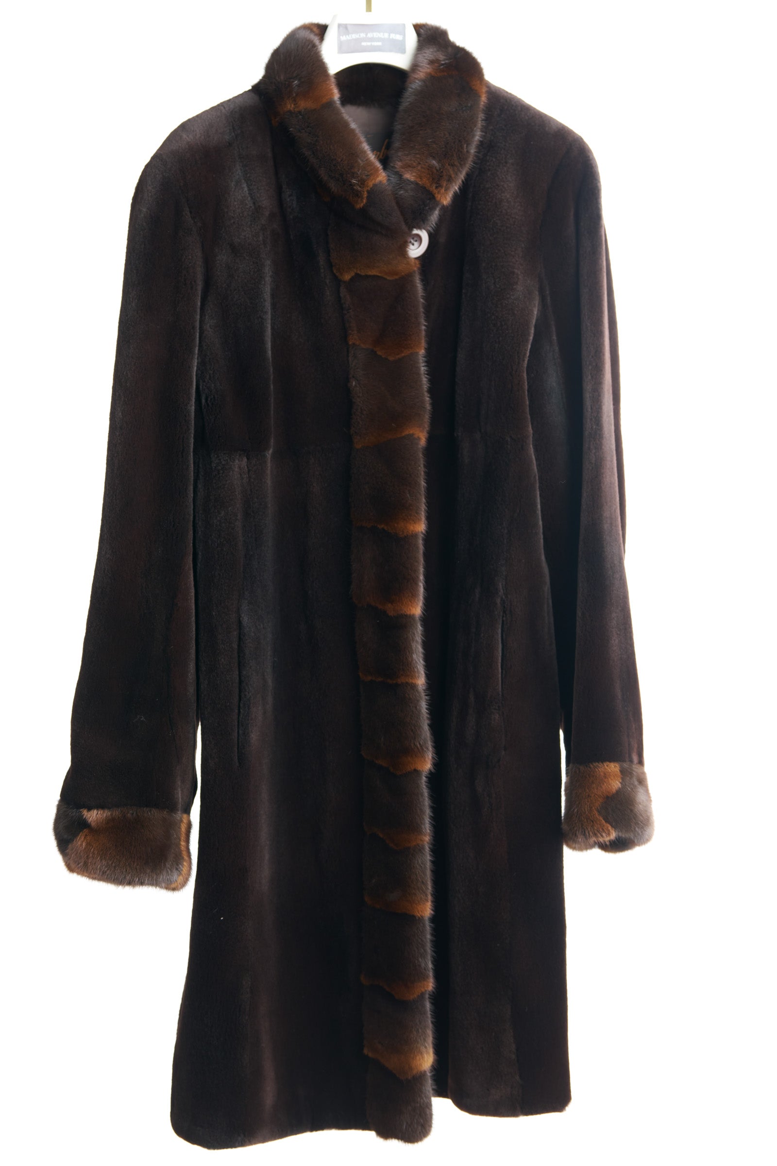 PRE-OWNED MATARA DYED SHEARED MINK  W/ LONG HAIR MINK SHAWL COLLAR & CUFFS