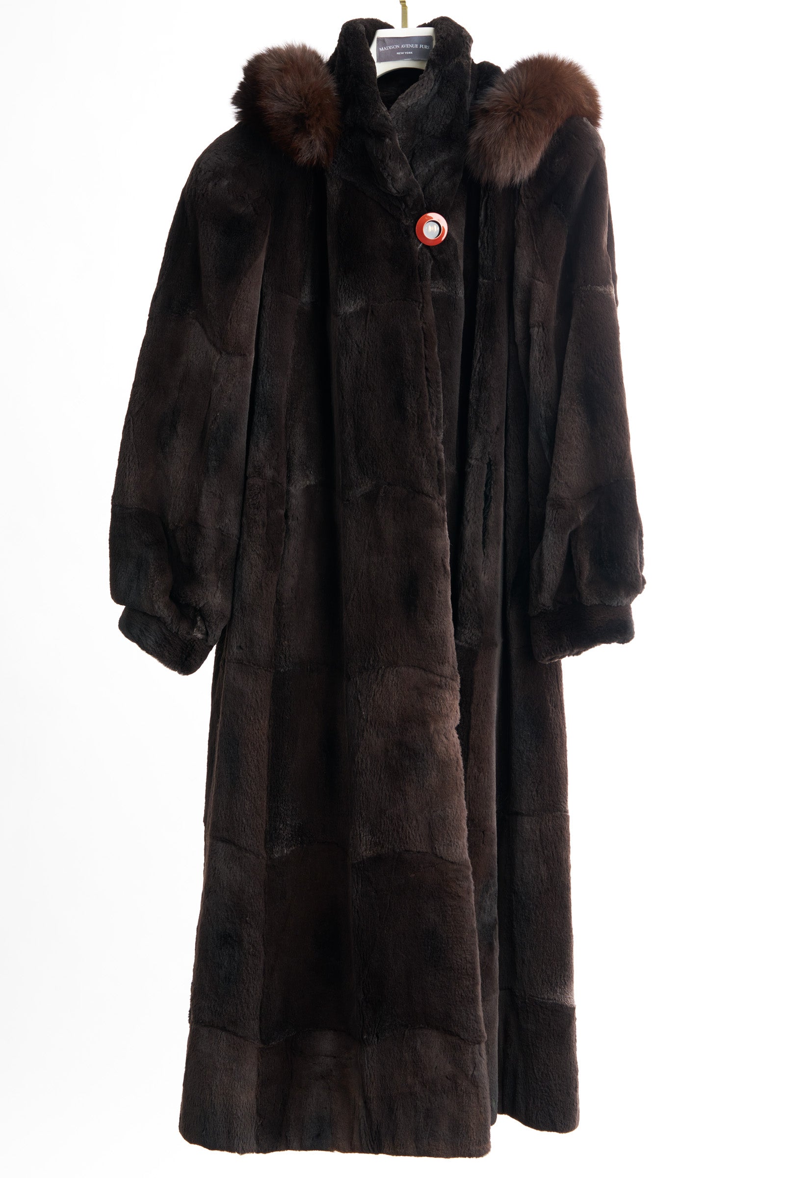 PRE-OWNED MATARA DYED SHEARED MUSKRAT COAT W/ DETACHABLE HOOD W/FOX TRIM