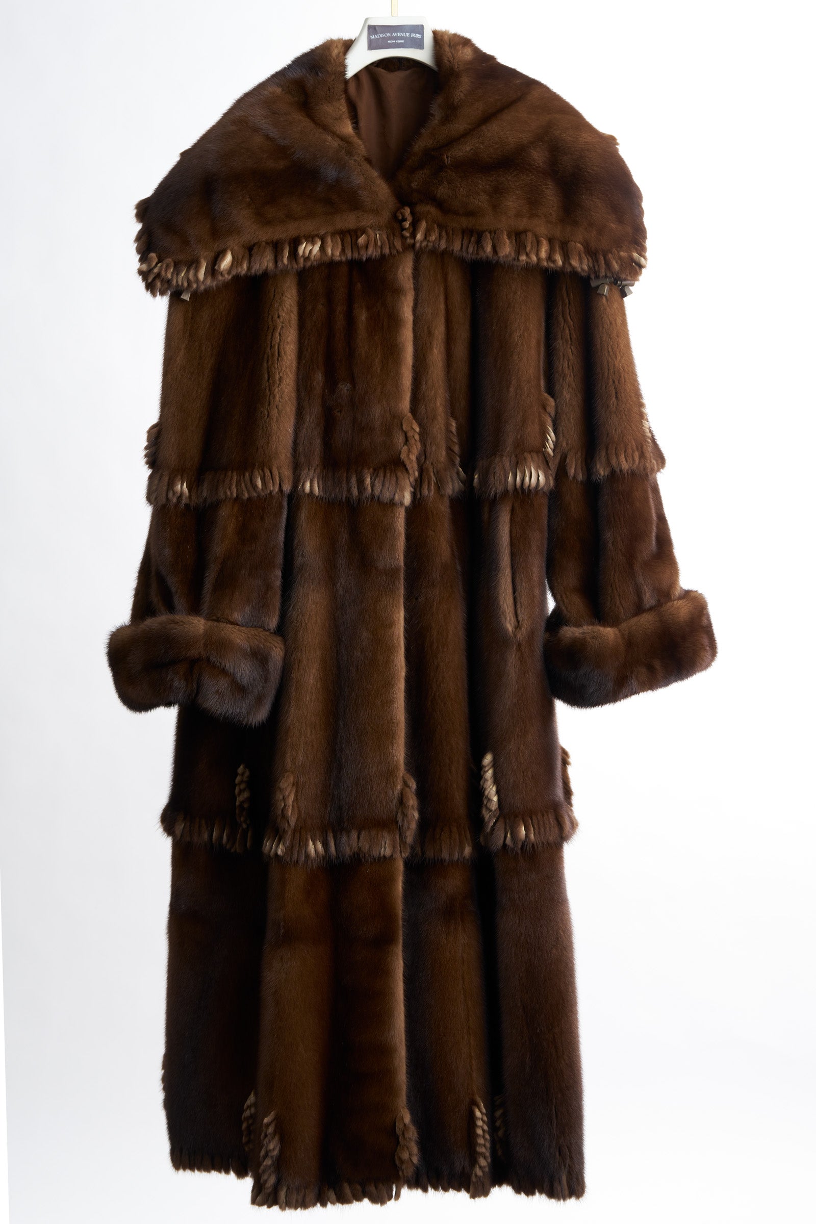 PRE-OWNED DEMI BUFF SKIN ON SKIN MINK W/FRINGE COAT W/ CAPE COLLAR & TURN BACK CUFFS
