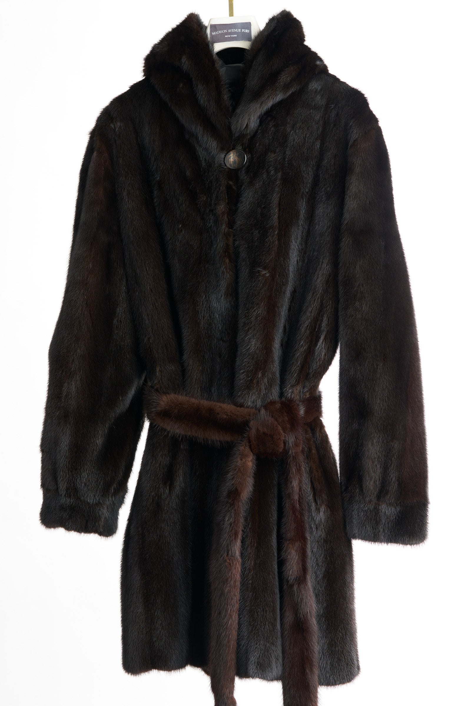PRE-OWNED RANCH MINK HOODED SWING W/ BAND CUFFS & SASH BELT