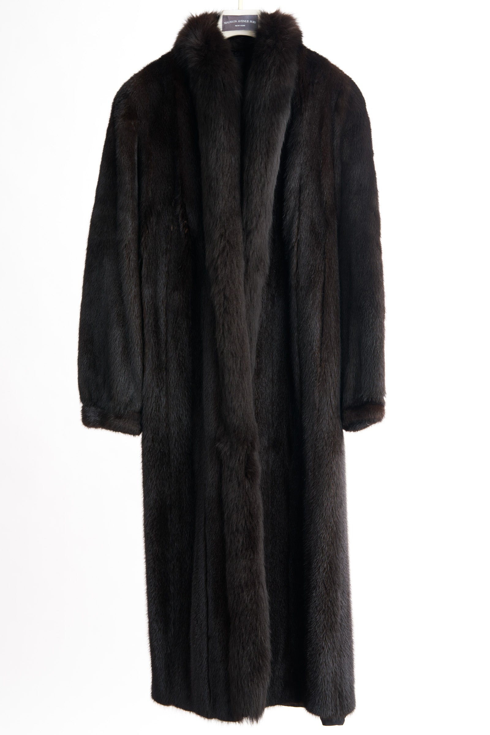 PRE-OWNED RANCH MINK COAT W/ BROWN FOX TUXEDO & BANDED CUFF
