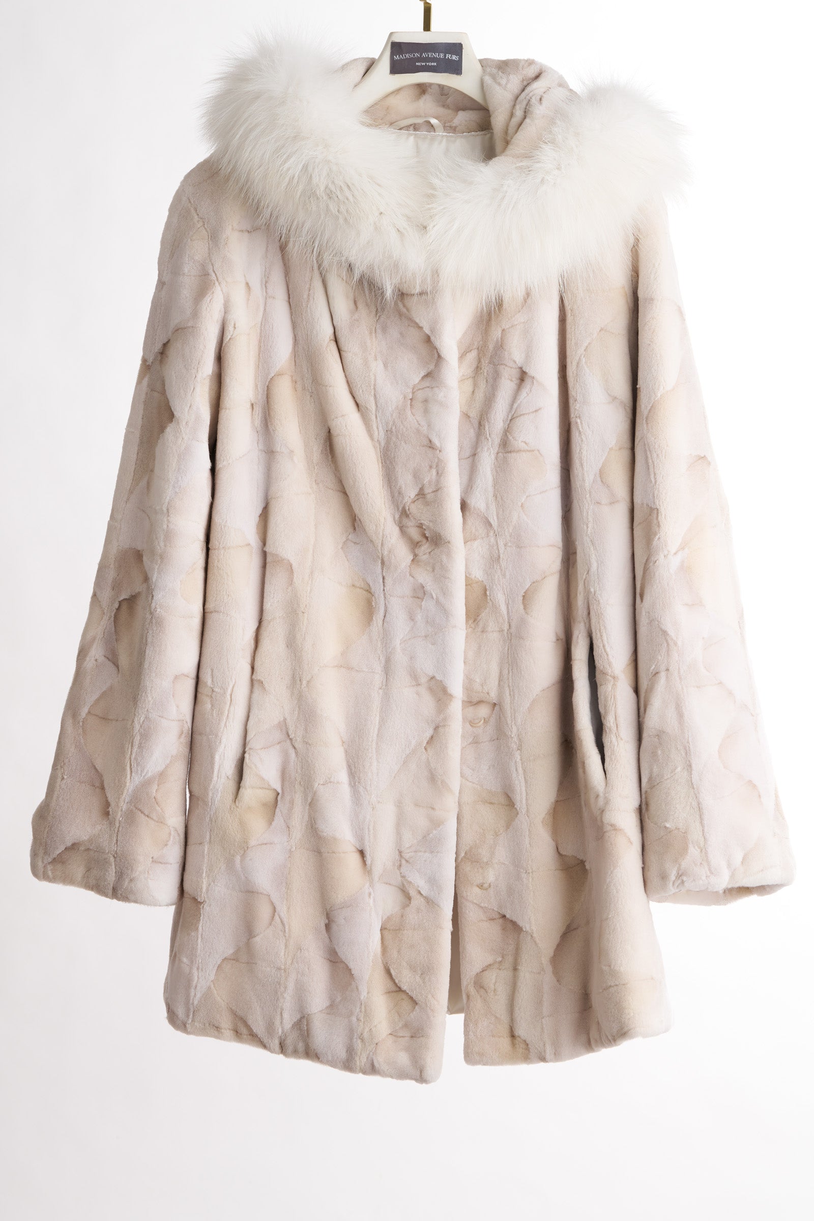 BLEACHED SHEARED MINK SRCYTION FOX TRIM HOODED JACKET