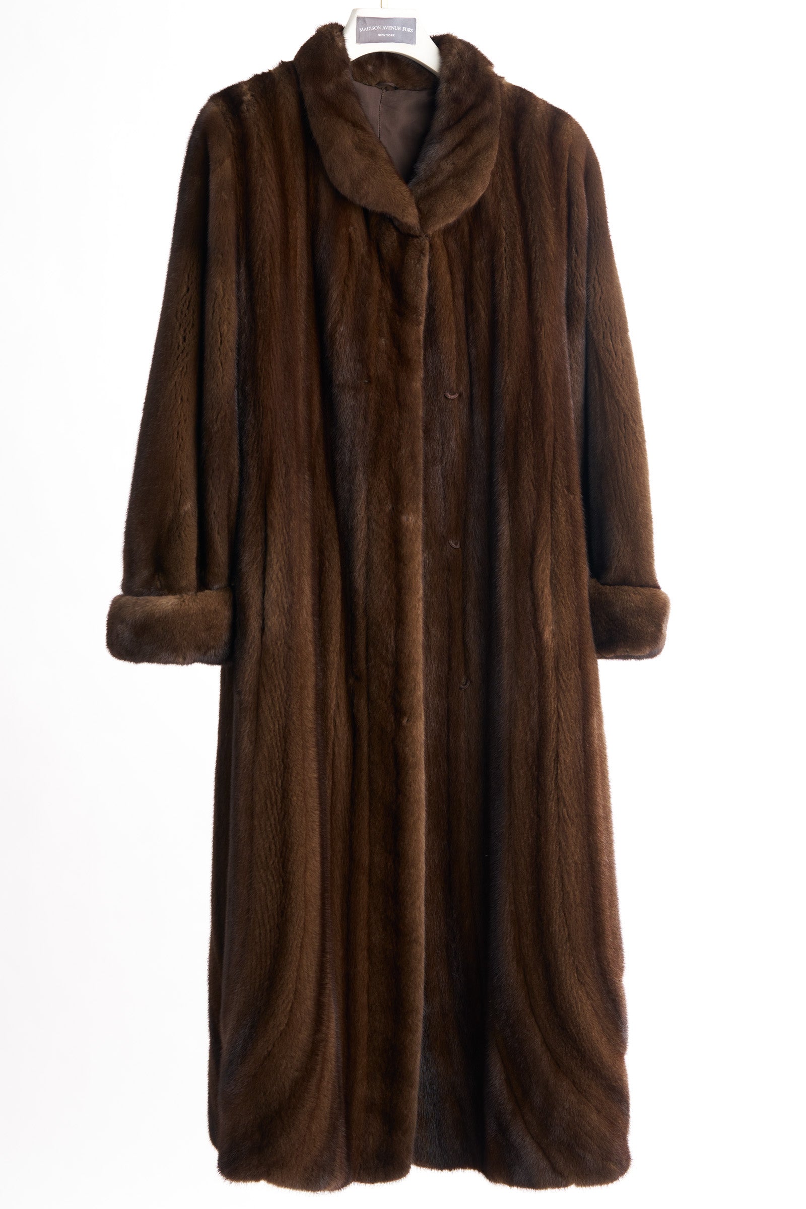 PRE-OWNED NATURAL MAHOGANY MINK DIRECTIONAL COAT W/ WING COLLAR & TURN BACK CUFFS
