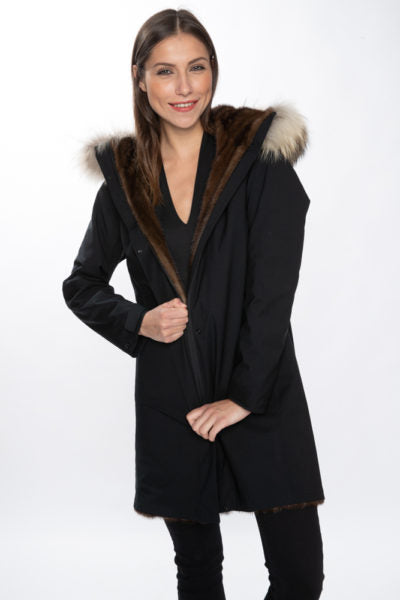 Black Waterproof 3/4 Raincoat Lined w/ Natural Demi Buff Mink w/ Asiatic Raccoon Trimmed Hood (size: Med)