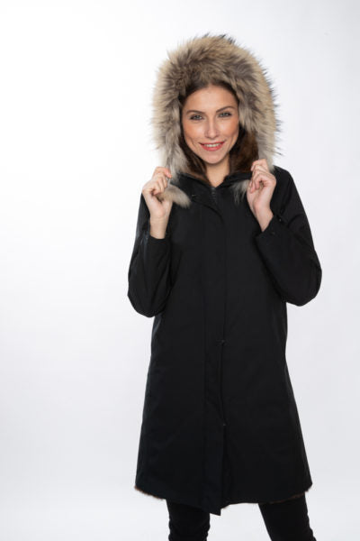 Black Waterproof 3/4 Raincoat Lined w/ Natural Demi Buff Mink w/ Asiatic Raccoon Trimmed Hood (size: Med)