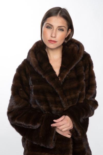 Natural Mahogany Mink Horizontal Jacket w/ Attached Hood (size: 8) **Restyle Sample**