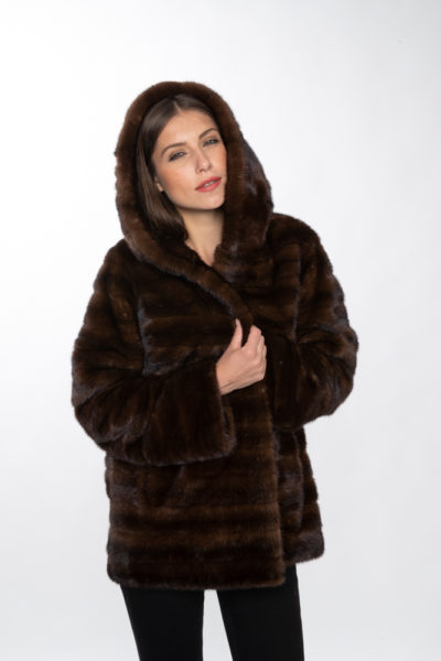 Natural Mahogany Mink Horizontal Jacket w/ Attached Hood (size: 8) **Restyle Sample**