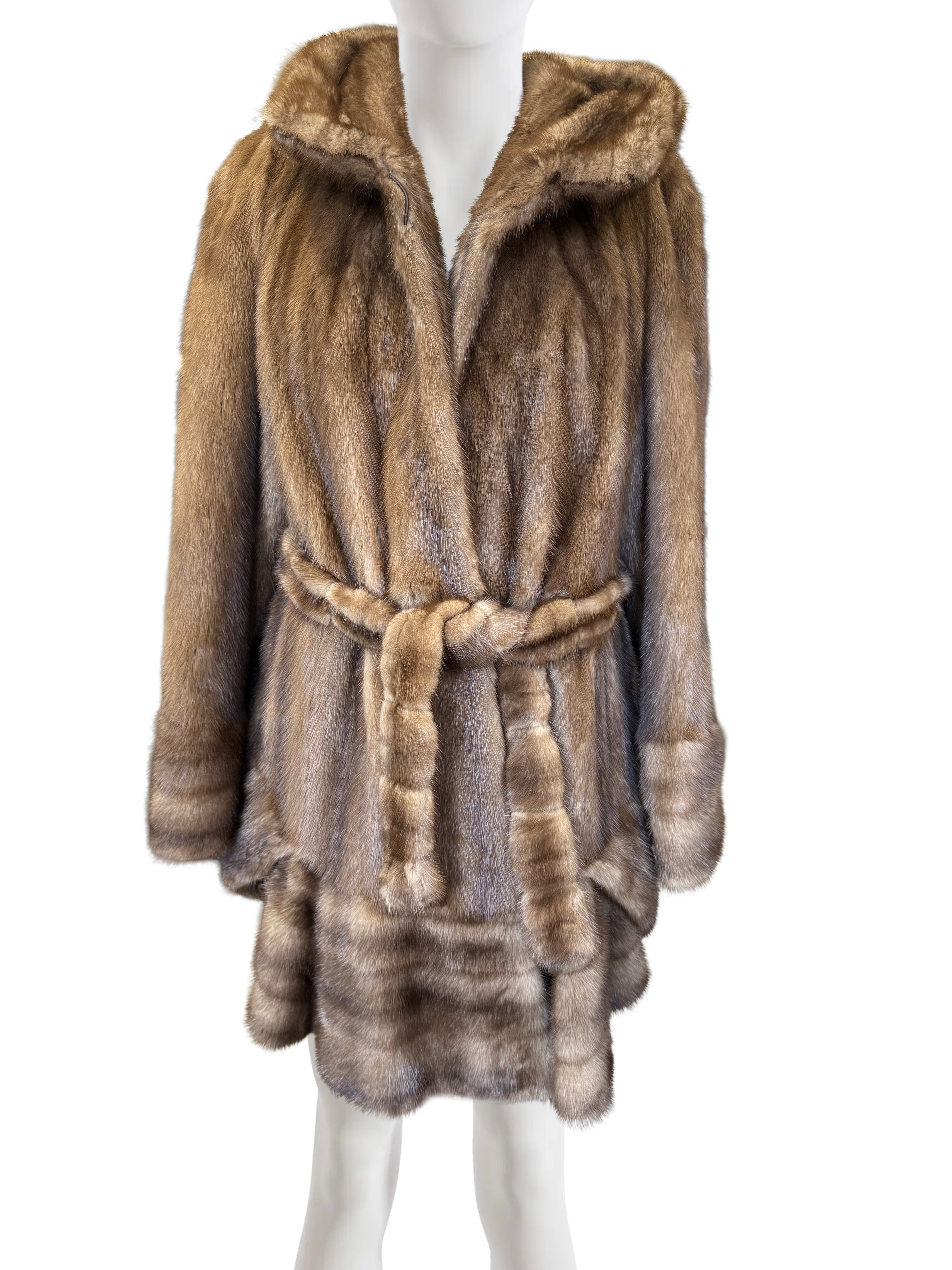 NATURAL DEMI BUFF MINK 7/8 SWING DIRECTIONAL COAT W/ HOOD & TIE BELT