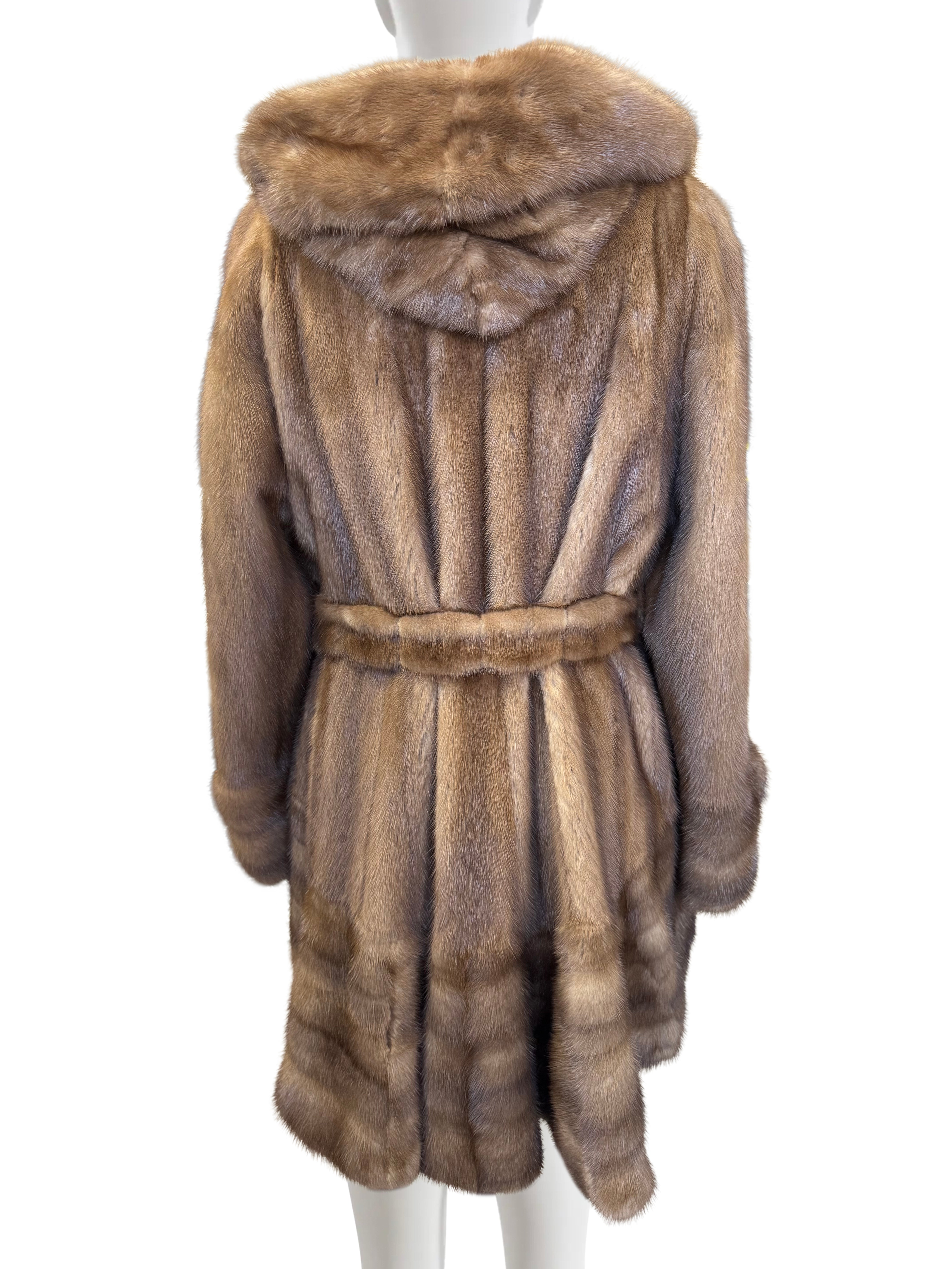 NATURAL DEMI BUFF MINK 7/8 SWING DIRECTIONAL COAT W/ HOOD & TIE BELT